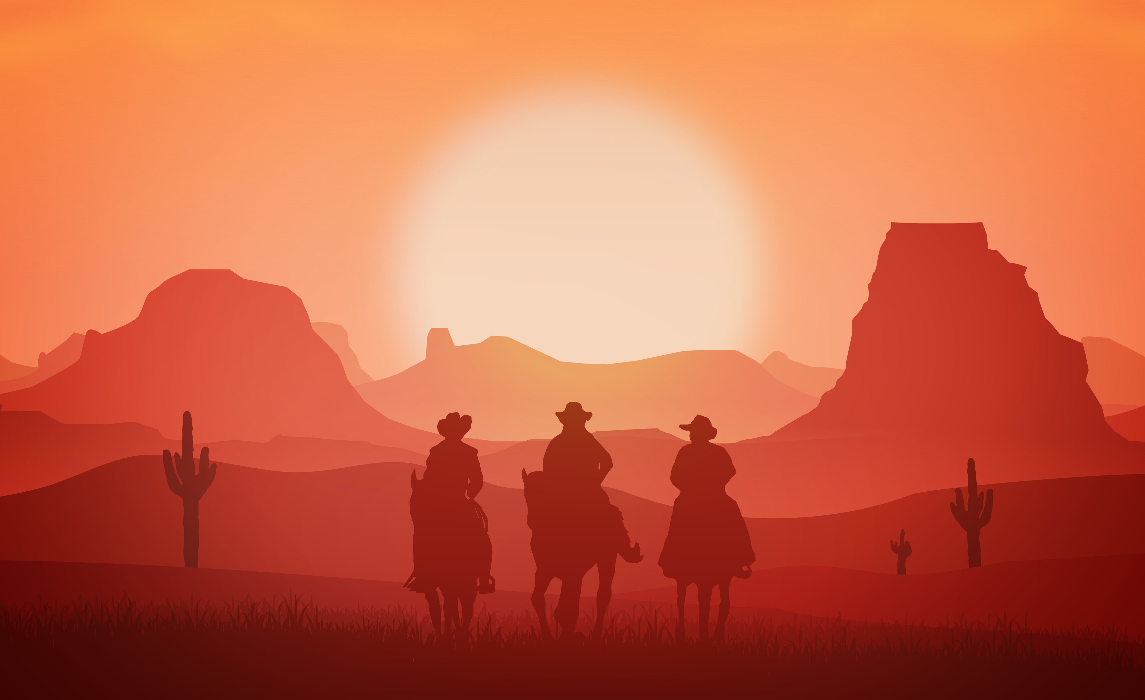 Wallpaper Wild West, Cowboys, Horses, Sunset, Western, 4K, Minimal