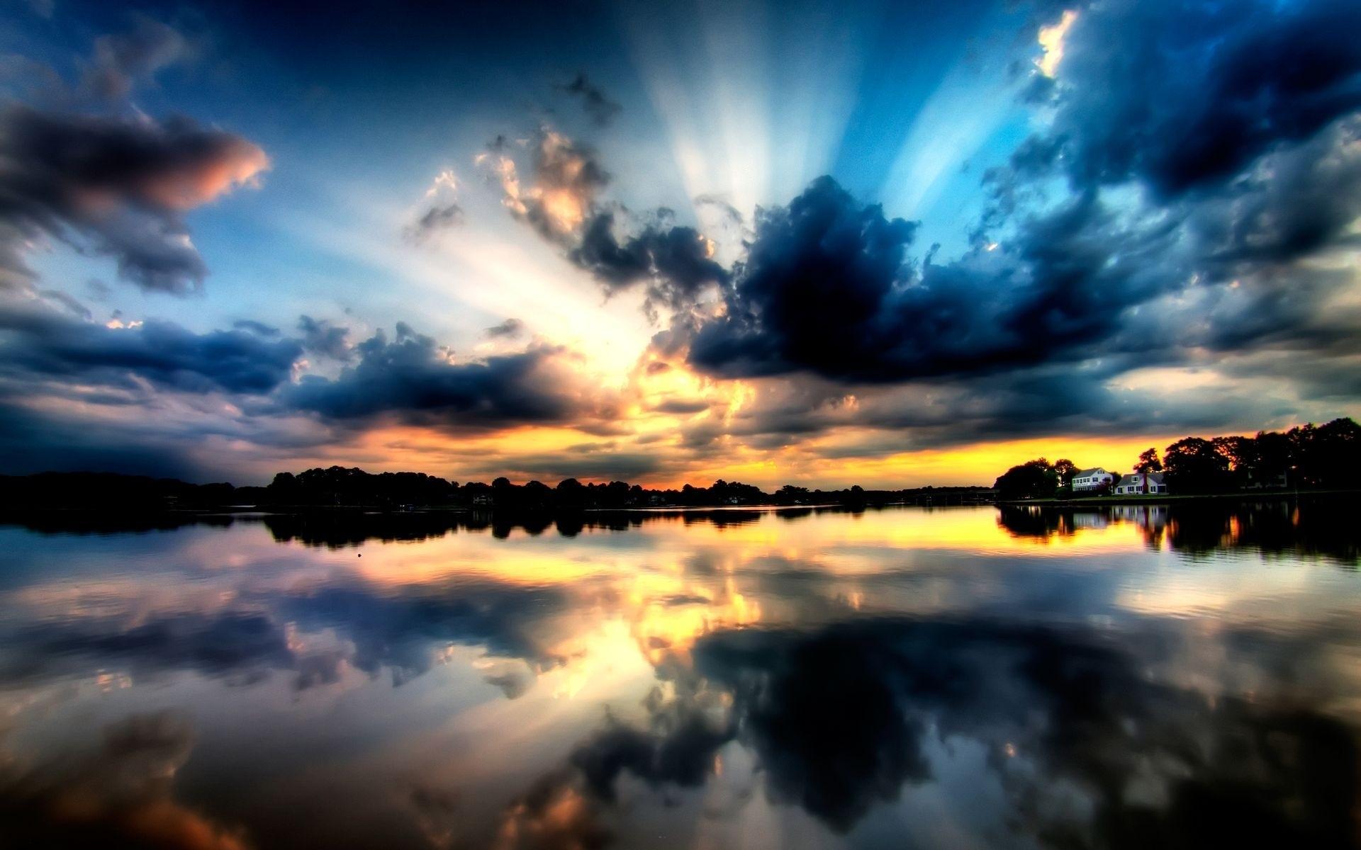 sunset, clouds, landscapes, lakes, reflections wallpaper