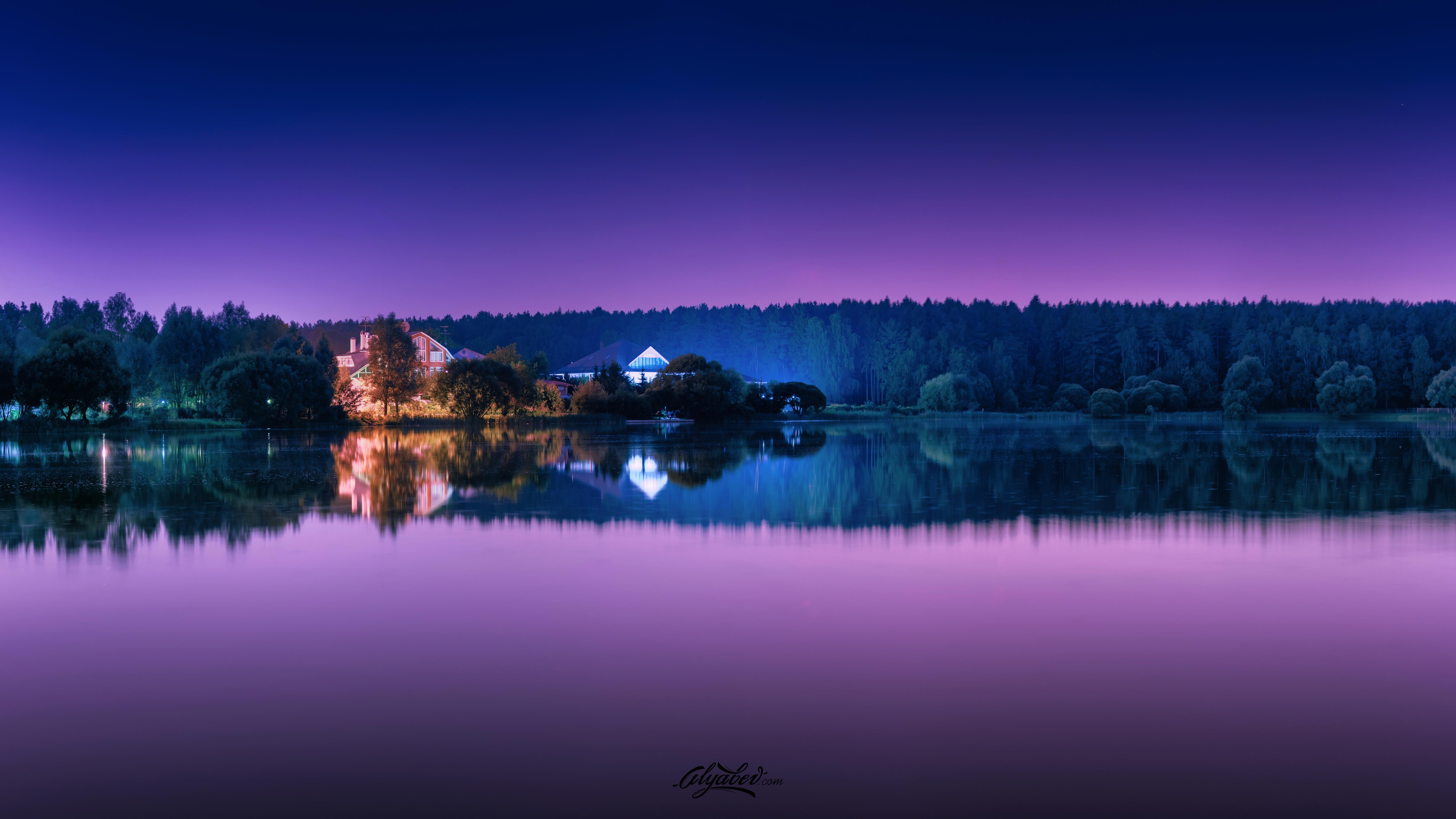 Wallpaper Purple reflections, Lake, Resort, Forest, HD, 5K, Nature