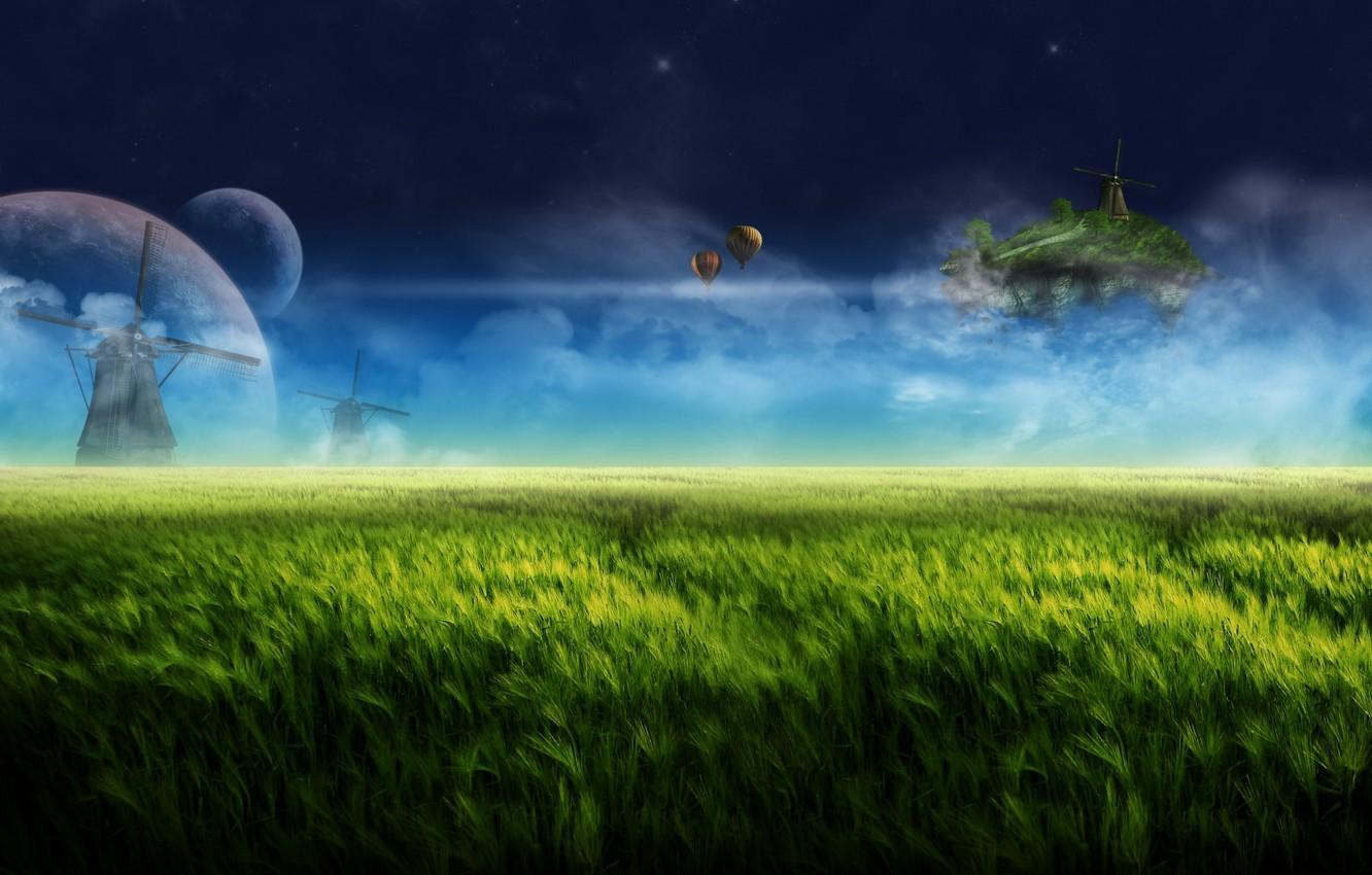 Wallpaper the sky, clouds, night, balloons, fantasy, dream, planet
