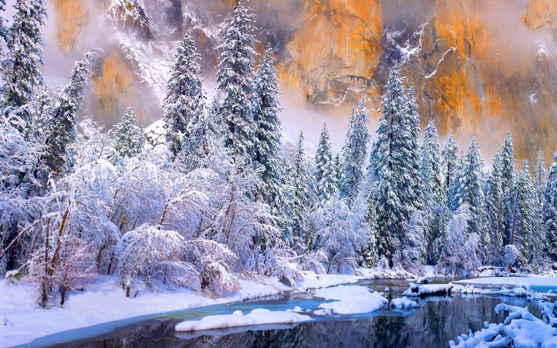 winter yosemite national park river cold snow forest white