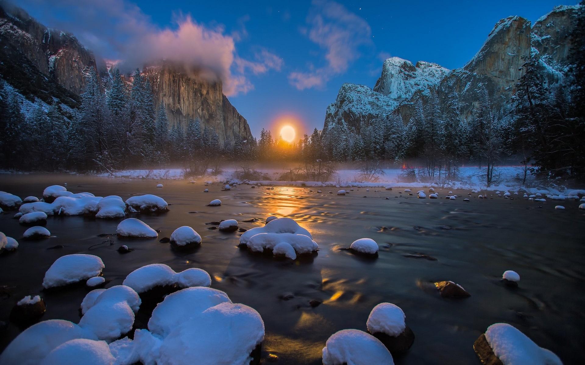 HD wallpaper: USA, Yosemite National Park, river, mountains, winter