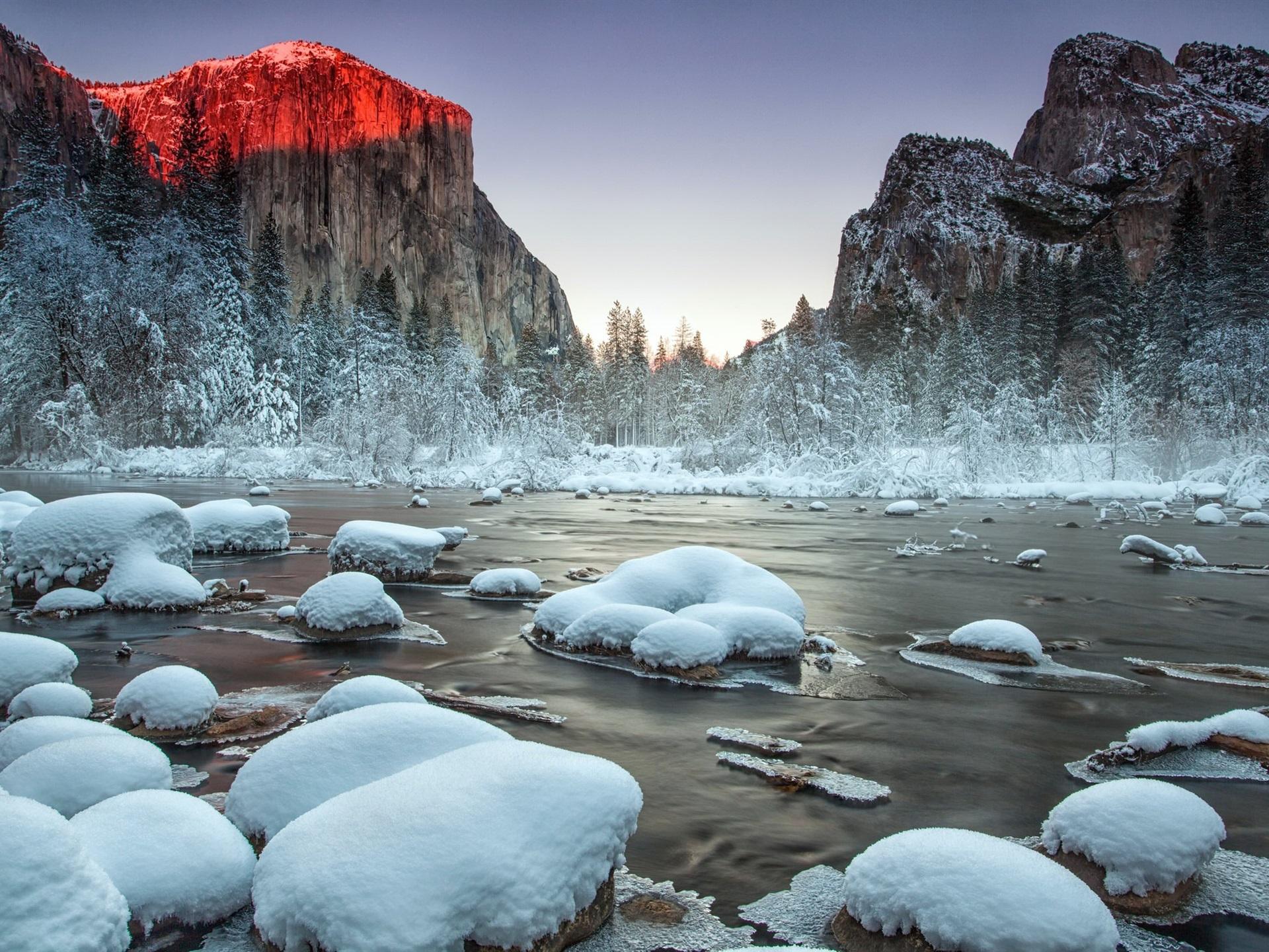 Wallpaper Yosemite National Park, Valley, river, snow, winter