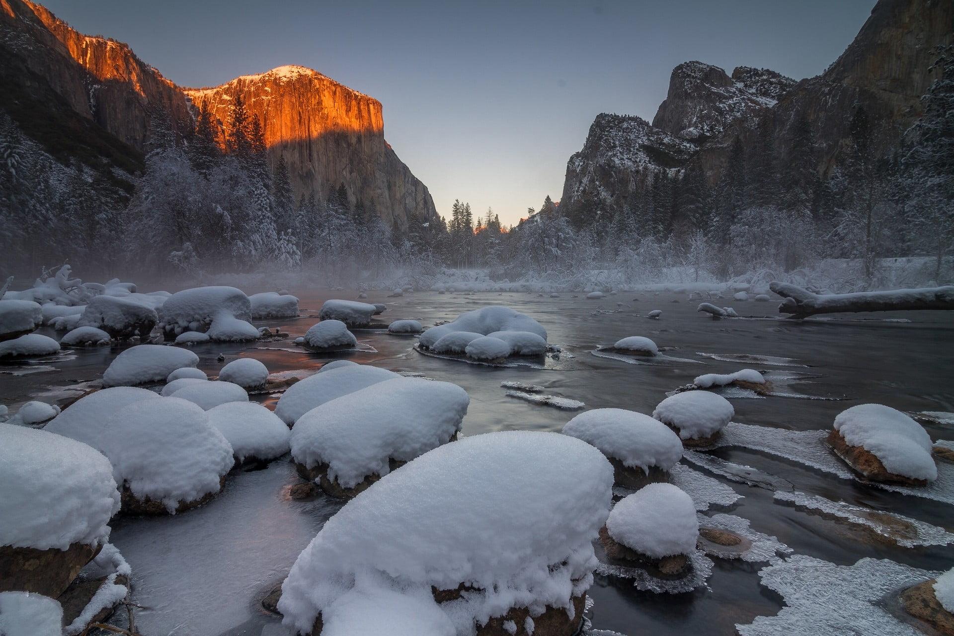 Snow Covered Stones, Landscape, Trees, Winter, Yosemite National Park HD Wallpaper