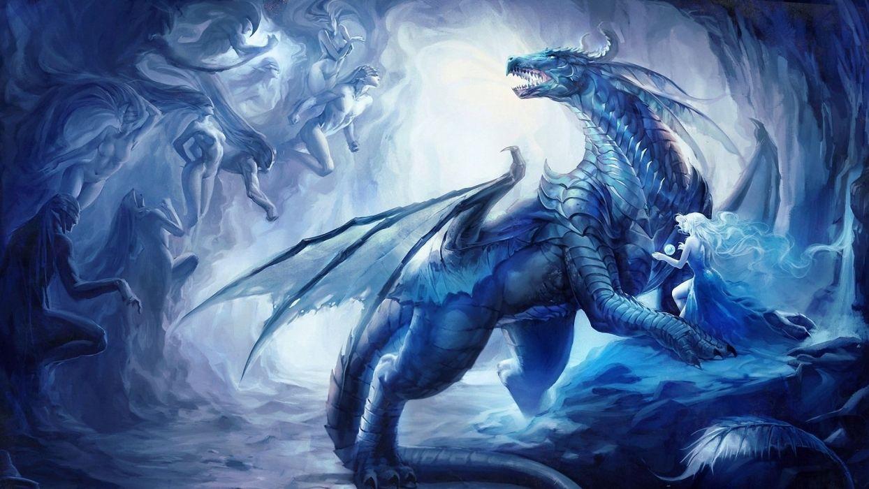 Dragon fantasy girl blue color princess wings soul wallpaper