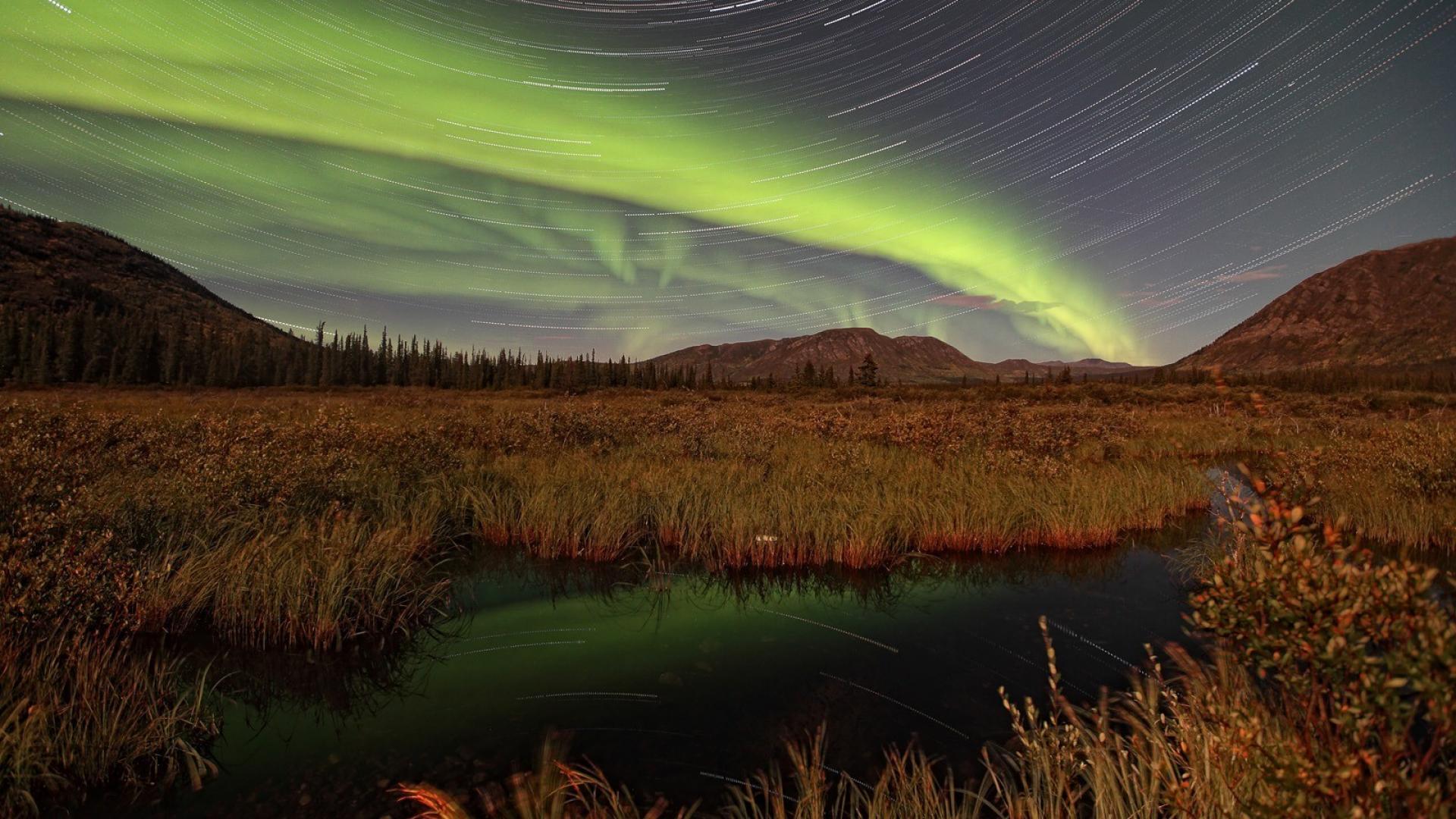 Landscapes nature aurora borealis yukon star trails Wallpaper