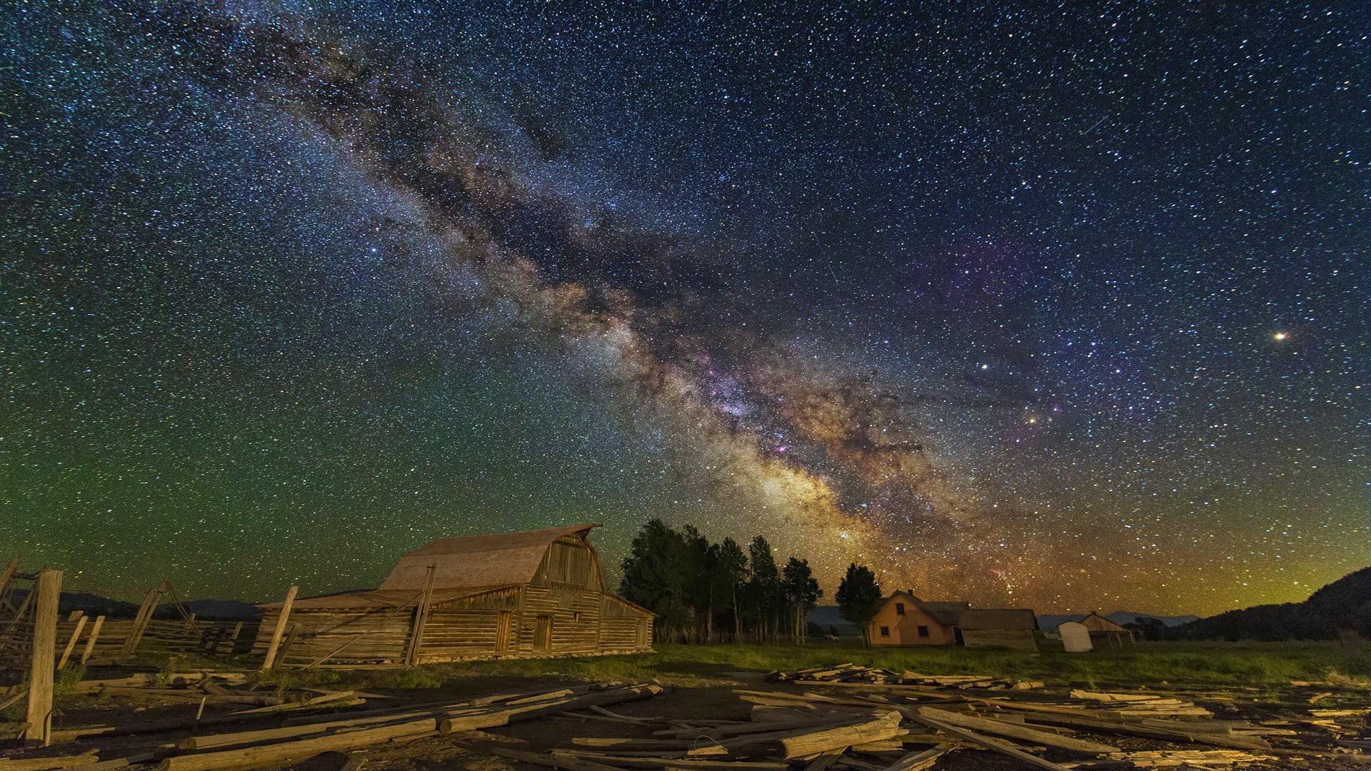 Milky Way galaxy startrail, barn, space art, stars, Milky Way HD