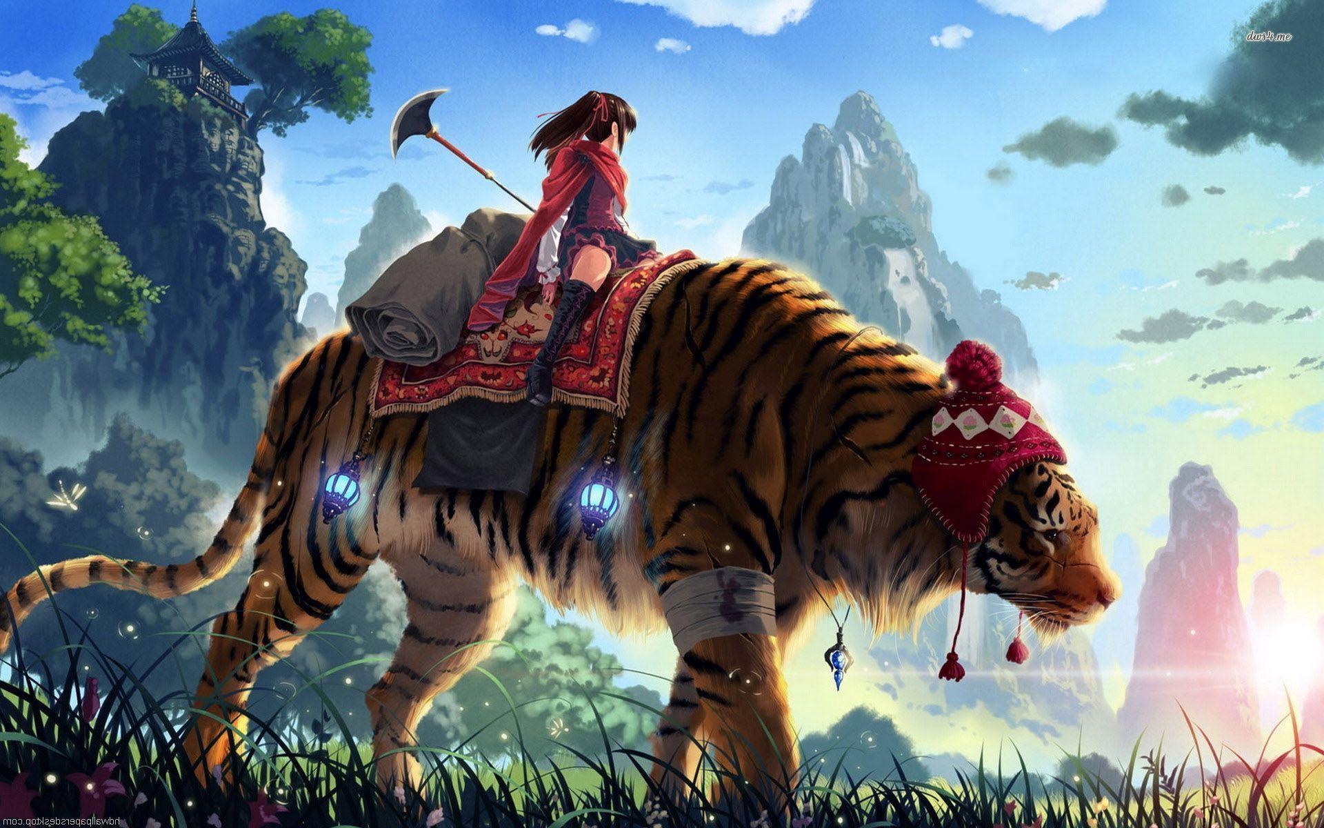 Girl riding a Tiger wallpaper. Pretty Anime Wallpaper. Anime art