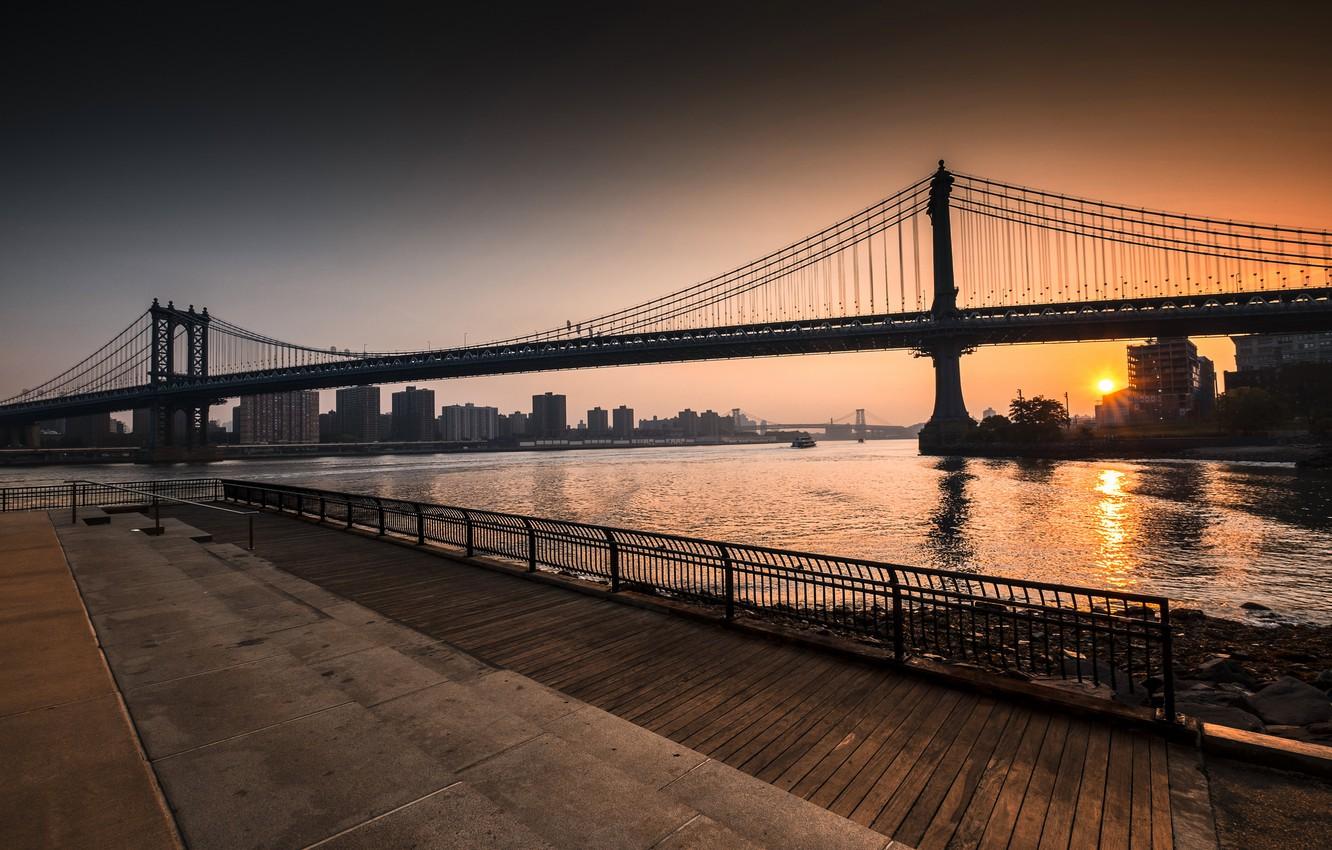 Wallpaper Brooklyn, New York, Sunrise, Manhattan Bridge, East River
