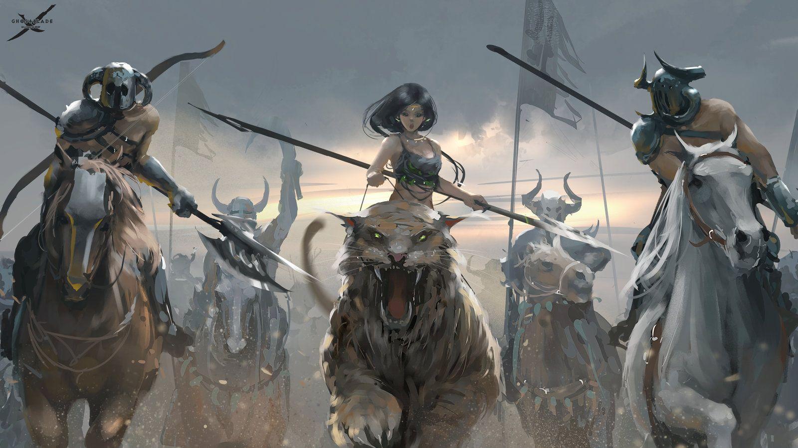 Battle by wlop female barbarian beastmaster beast rider spear