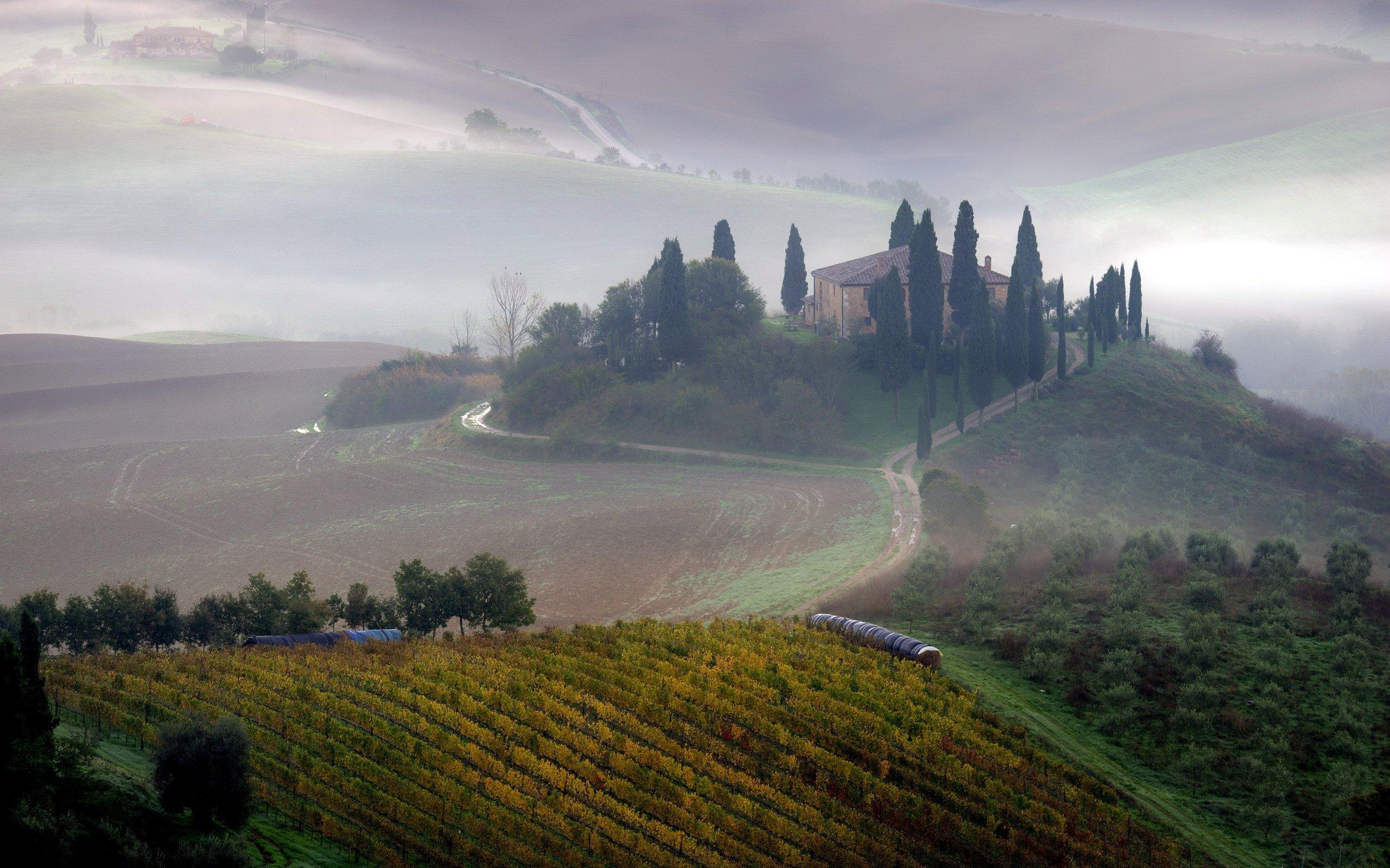 Tuscany fog field morning landscape farm italy wallpaperx1600