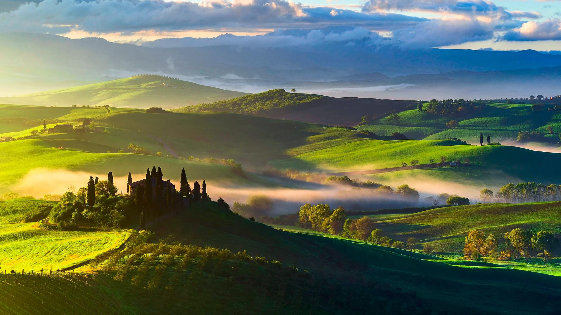 Download wallpaper 1920x1080 italy, tuscany, fields, trees, top