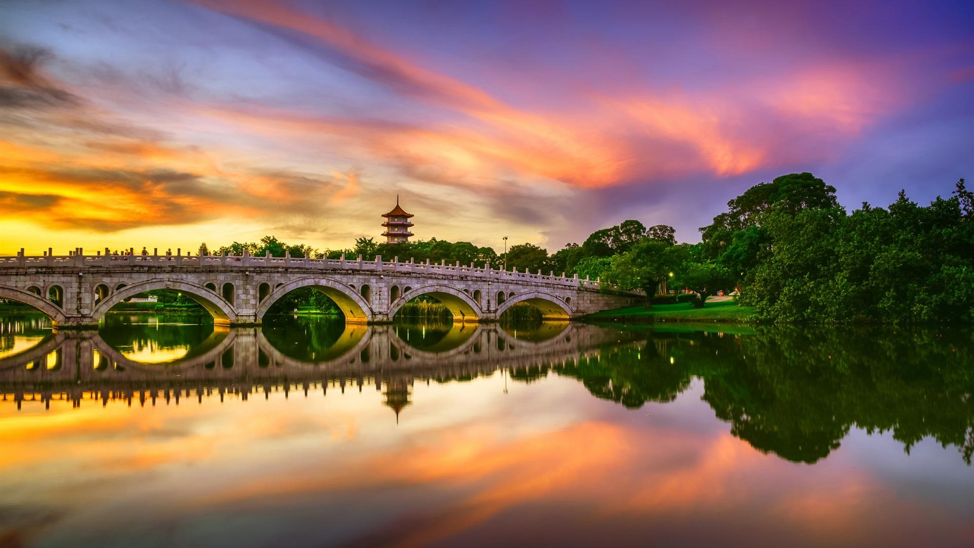 Wallpaper Chinese Garden, lake, bridge, water reflection, clouds