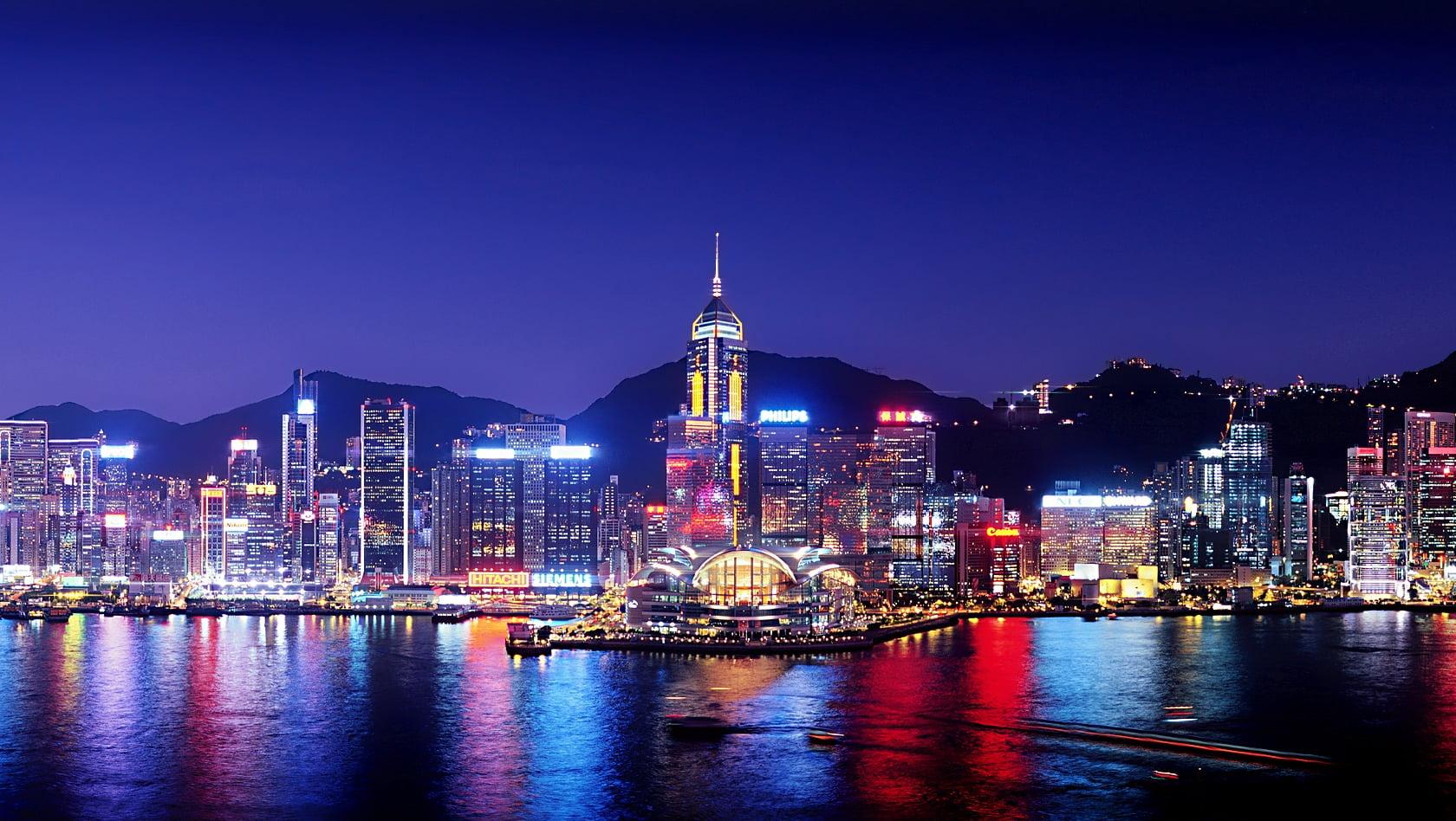 HD wallpaper: city buildings at night, cityscape, Hong Kong, harbor