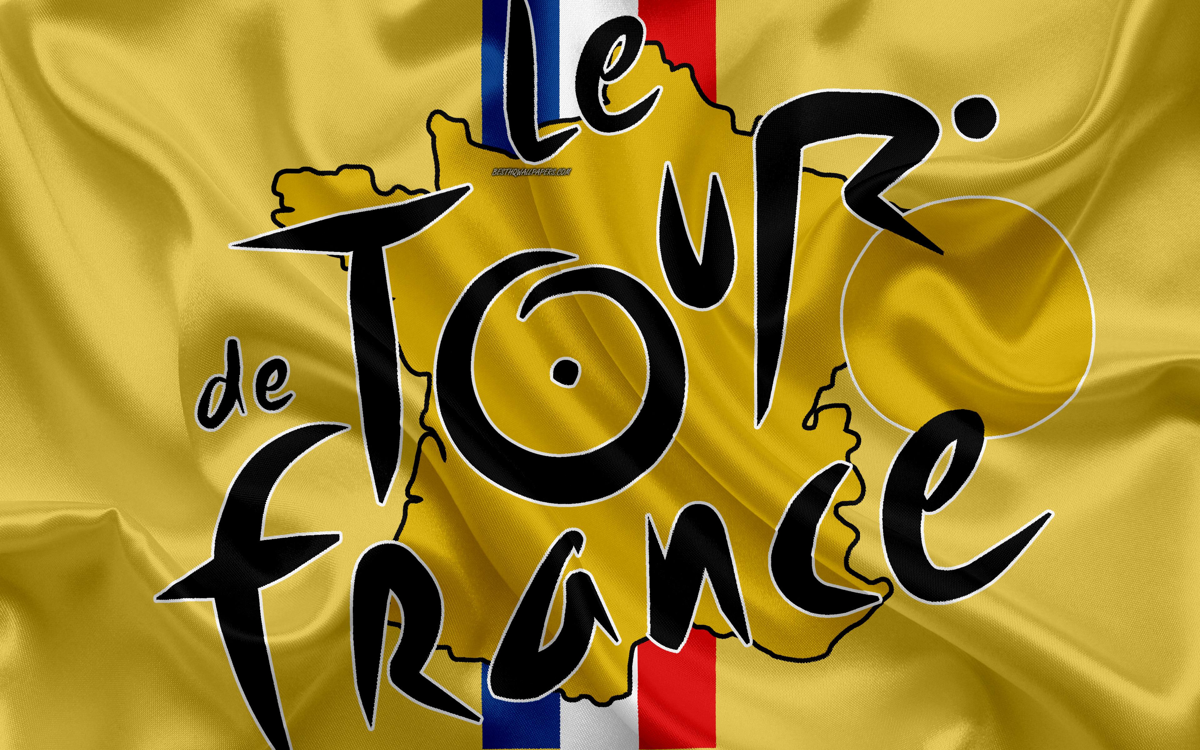 Download wallpaper Tour de France, 4k, yellow silk flag, logo, art, bicycle race, France, silk texture for desktop with resolution 3840x2400. High Quality HD picture wallpaper