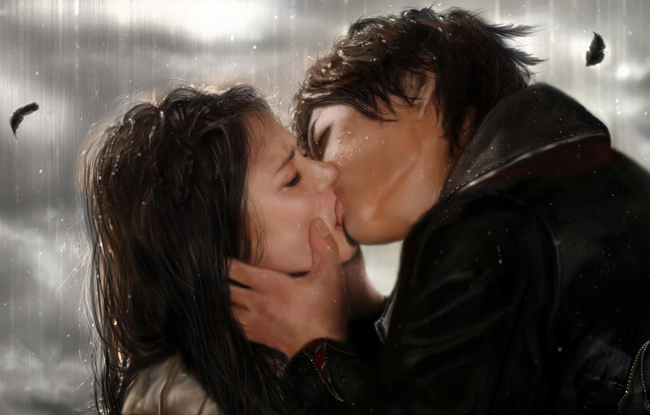 Wallpaper love, rain, kiss, the series, The Vampire Diaries, Elena