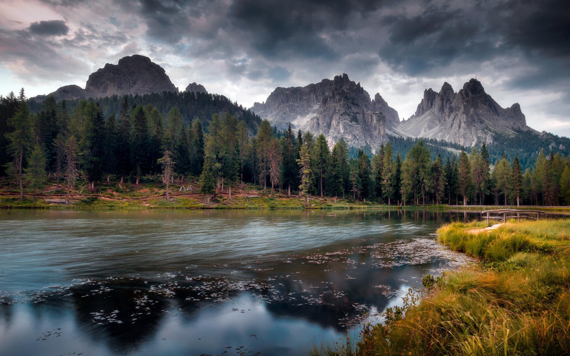 Download wallpaper mountain landscape, morning, river, cloudy weather, clouds, Dolomites, Italy for desktop with resolution 1920x1200. High Quality HD picture wallpaper