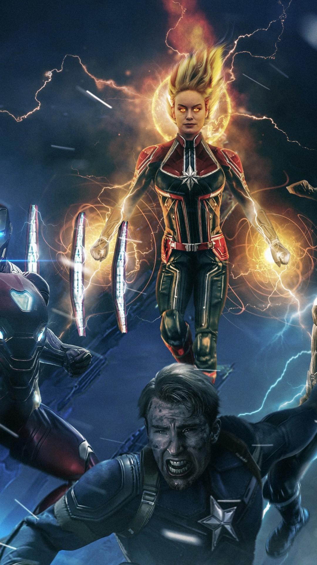 Download 1080x1920 Avengers Captain Marvel, Iron Man, Thor