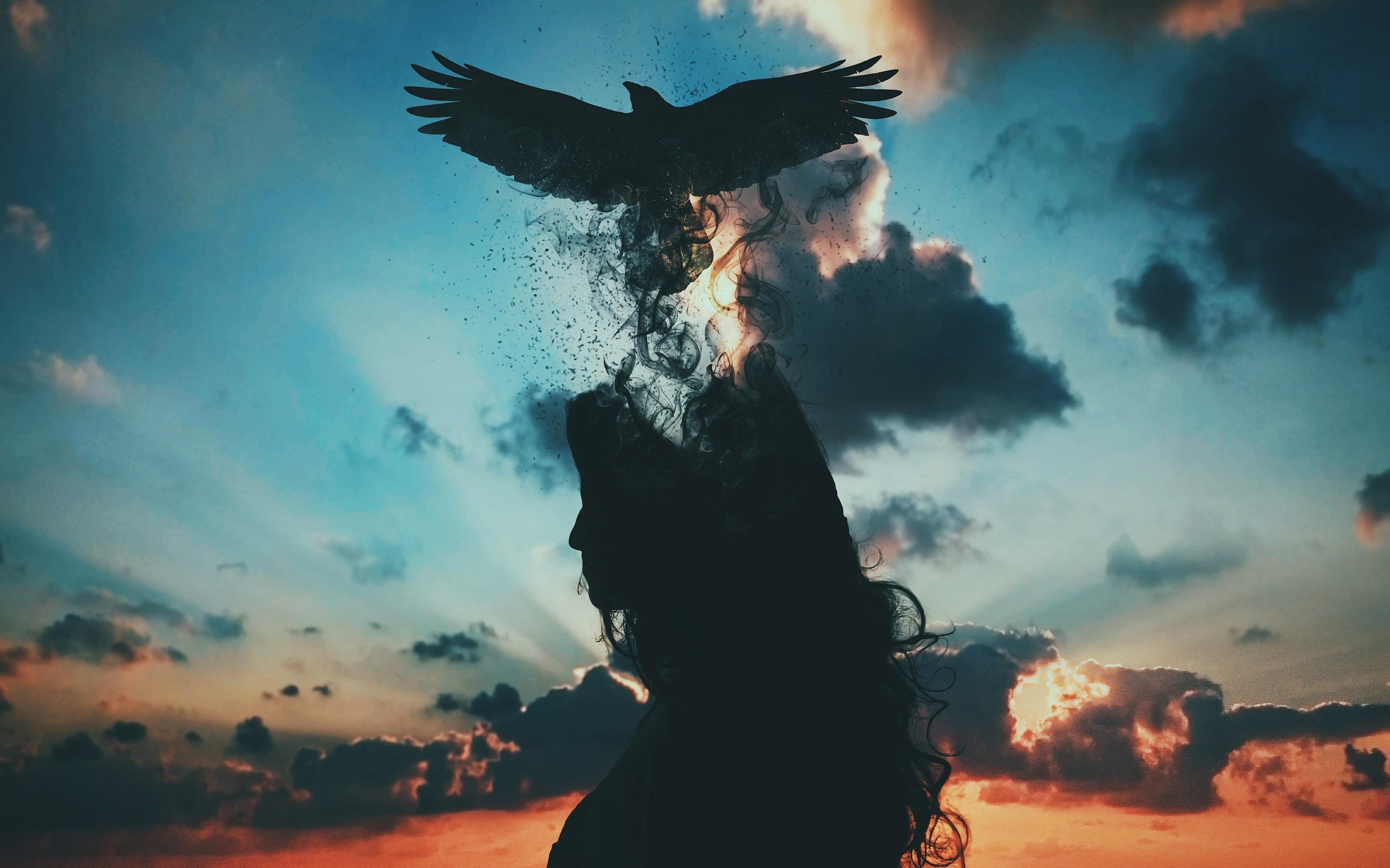 Download 2880x1800 Bird And Woman, Surreal, Photo Manipulation