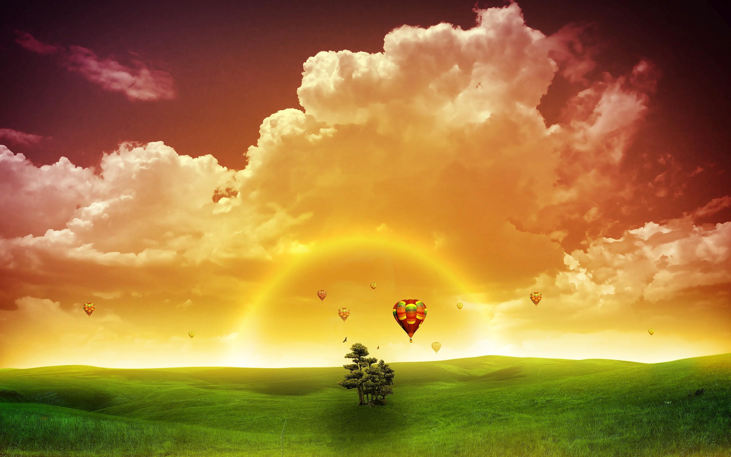 Surreal Green Field Sunset Rainbow Hot Air Balloon Desktop Wallpaper