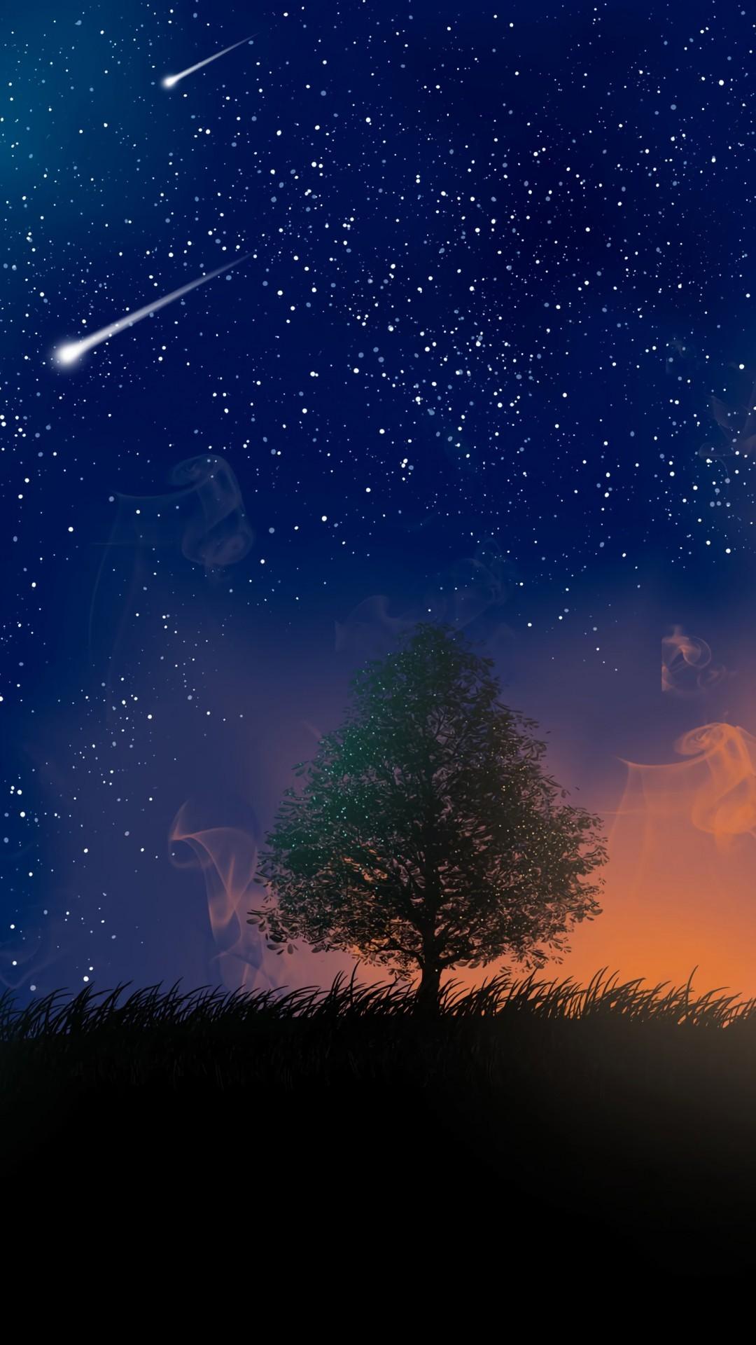 Download 1080x1920 Falling Stars, Lonely Tree Wallpaper