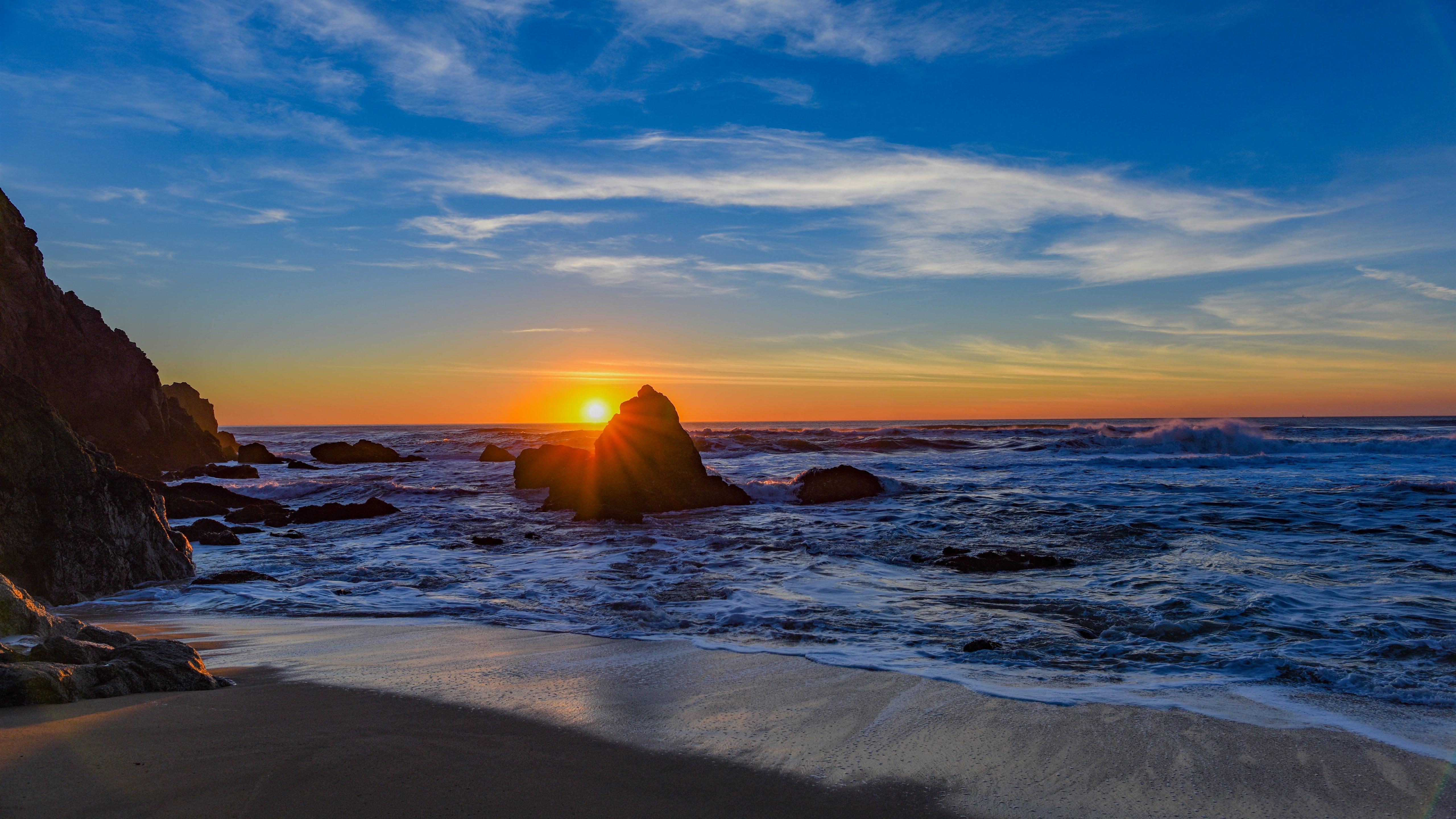 Wallpaper Sea, rocks, beach, waves, sunset 5120x2880 UHD 5K Picture