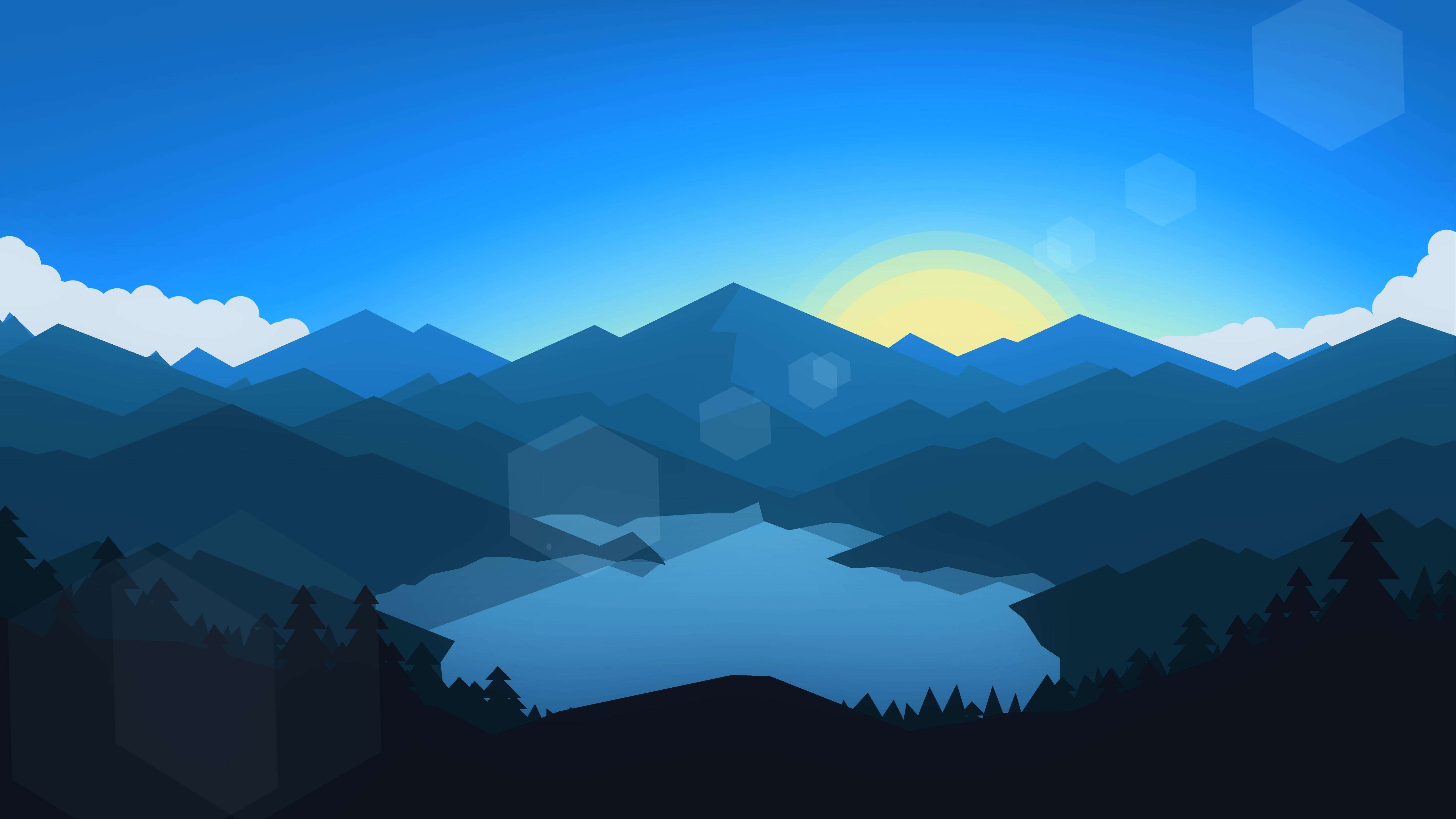 Download 5120x2880 wallpaper forest, mountains, sunset, cool weather
