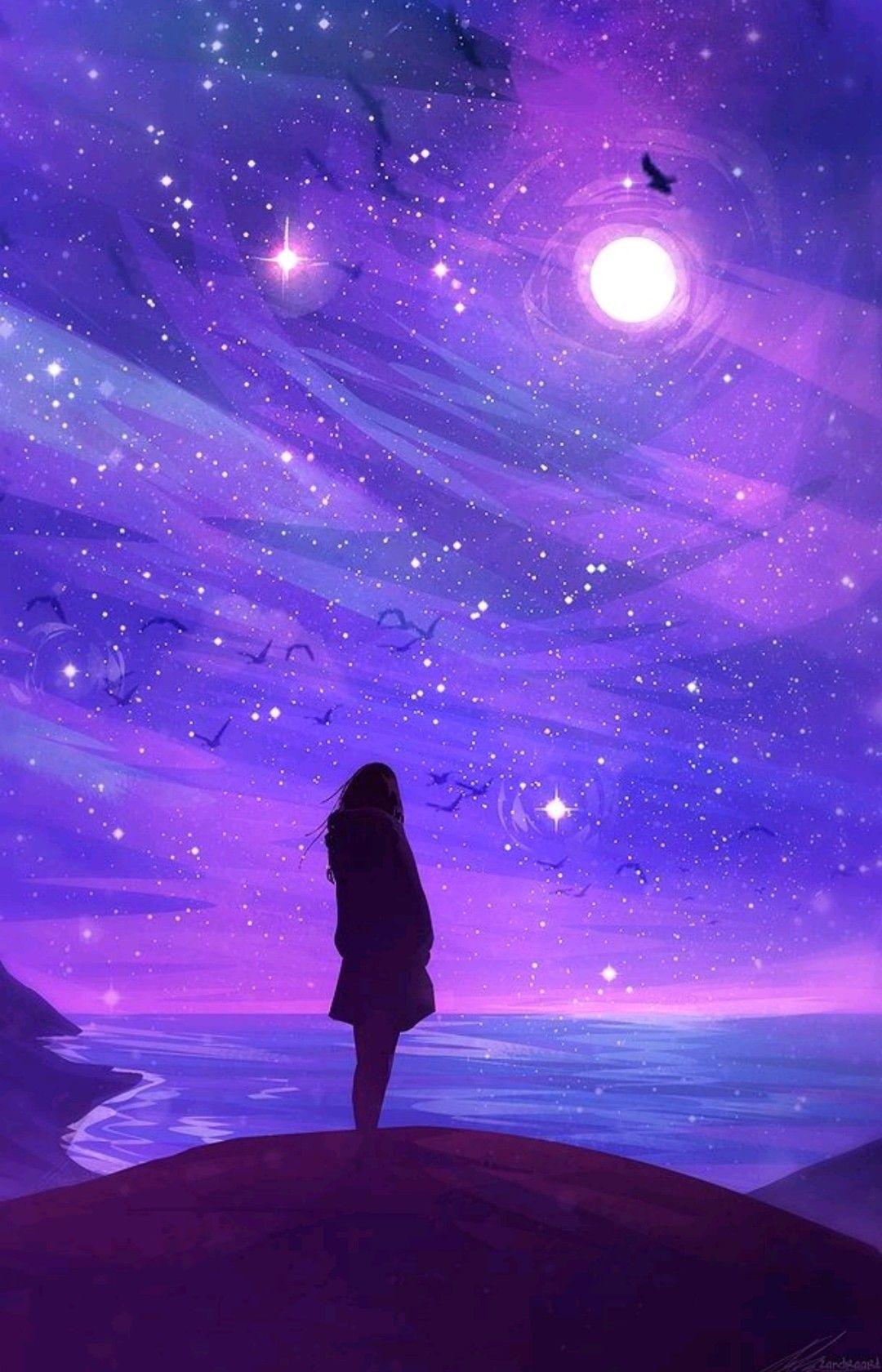 Girl Silhouette. Countless Stars Over the Shore, Shining