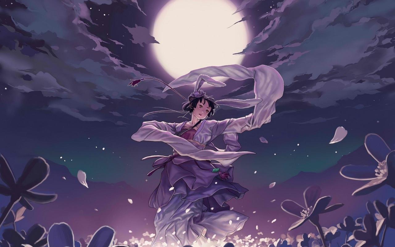 Download wallpaper 1280x800 anime, flowers, dance, night, girl, moon