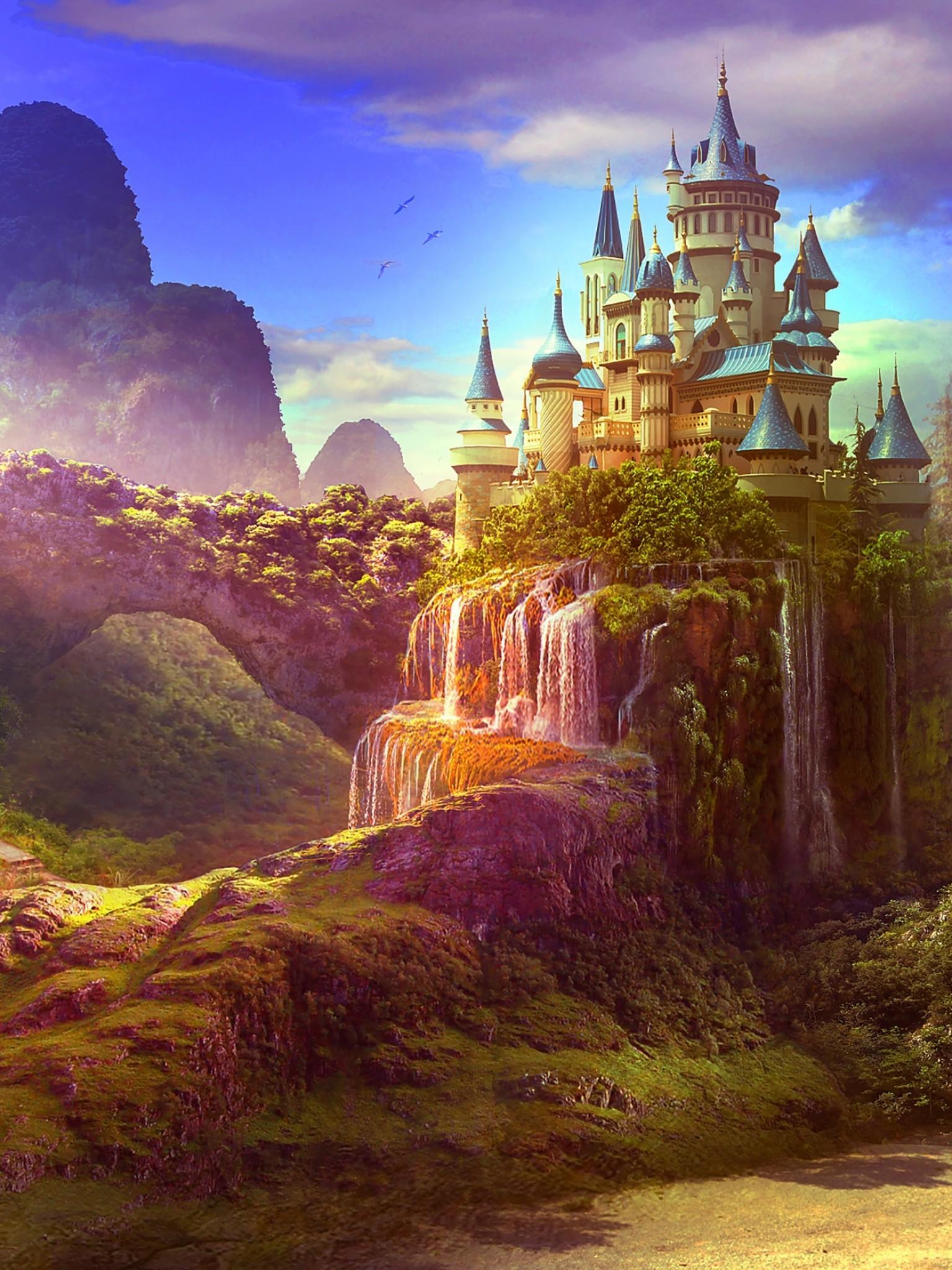Download 1536x2048 Fantasy Castle, Waterfall, Paradise, Heaven