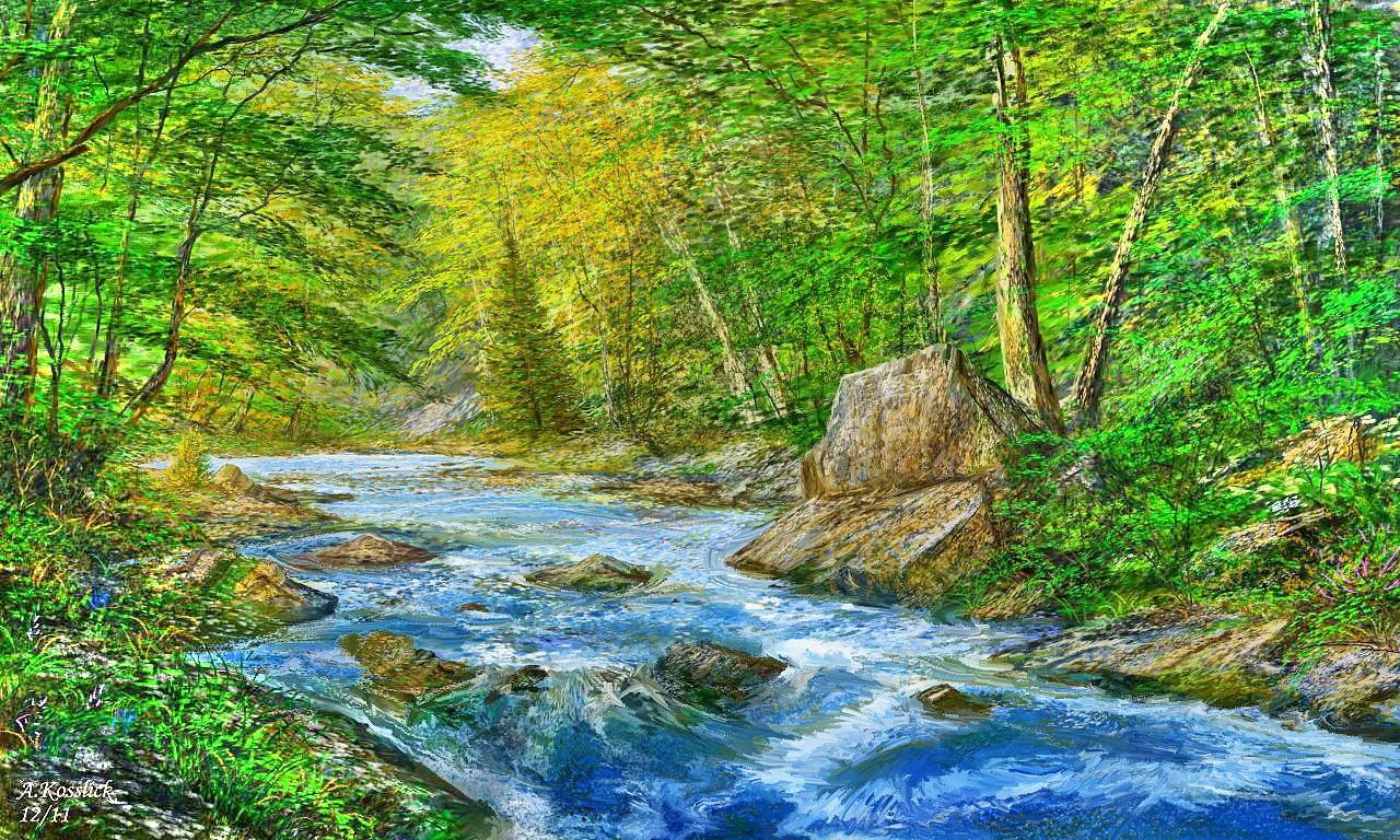 Forests: Spring Art Painting Forest Paradise Wild Streams Rocks