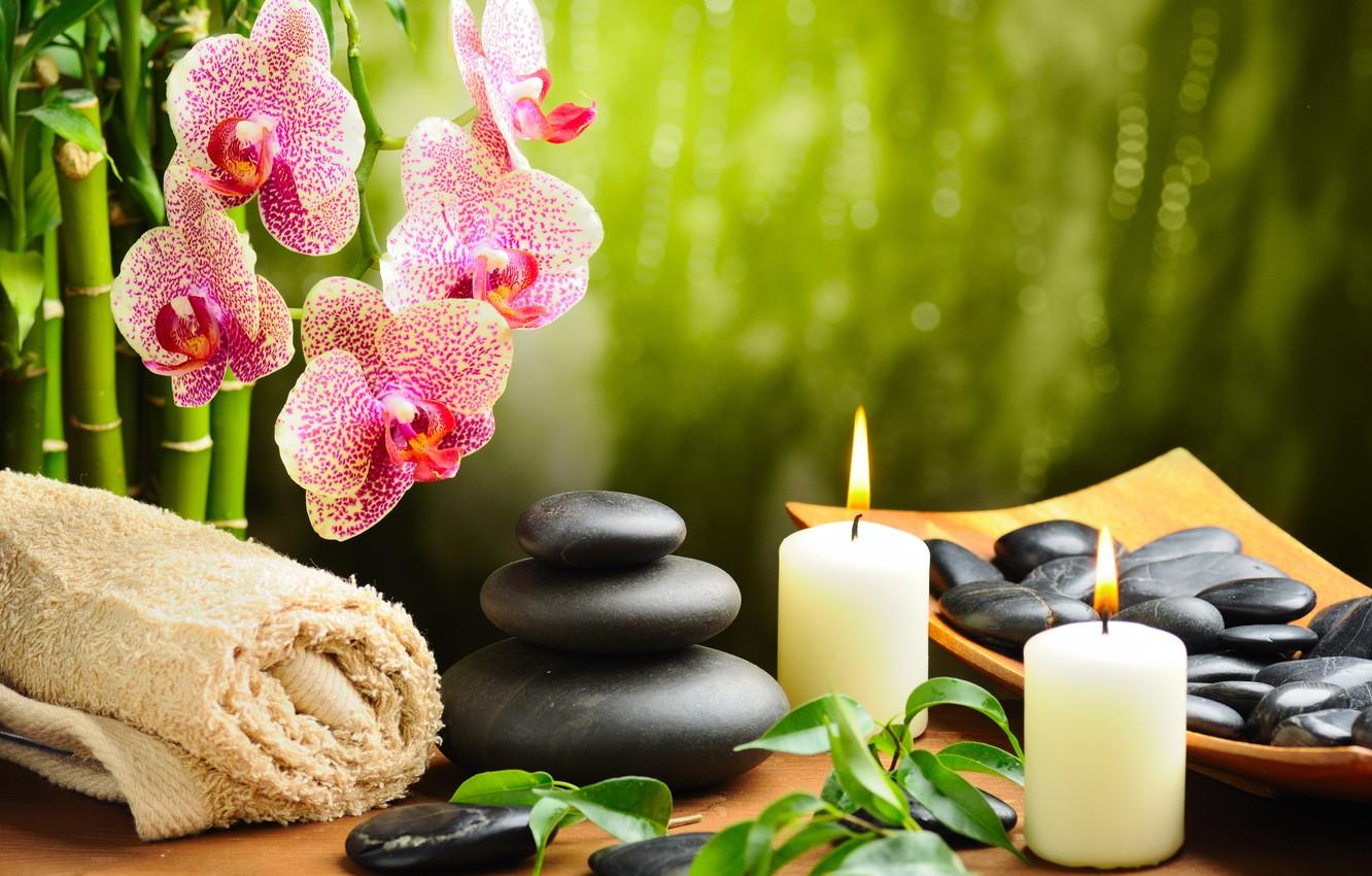 Wallpaper flower, stones, towel, candles, bamboo, Orchid, black, Spa
