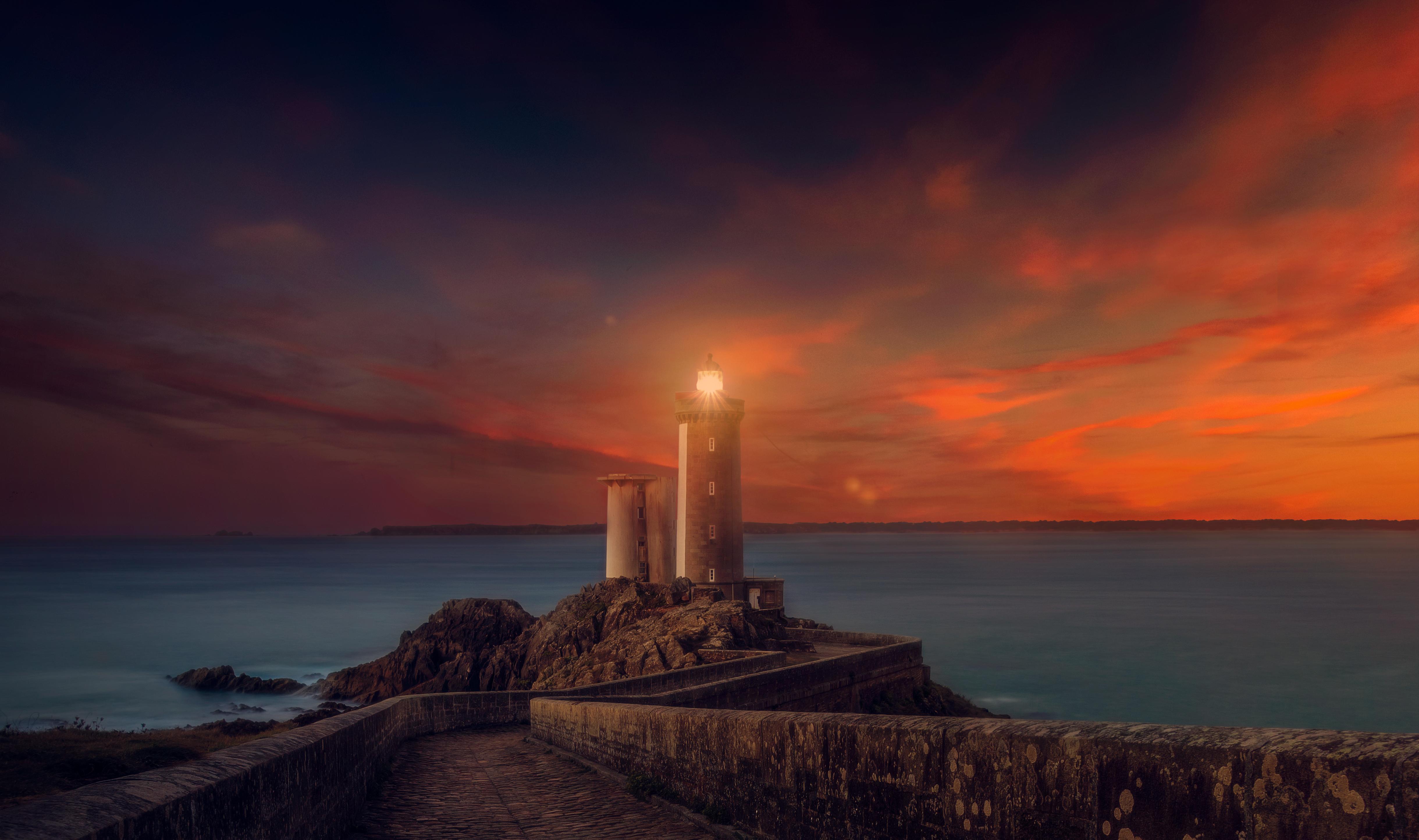 Wallpaper Lighthouse, Sunset, 4K, Nature