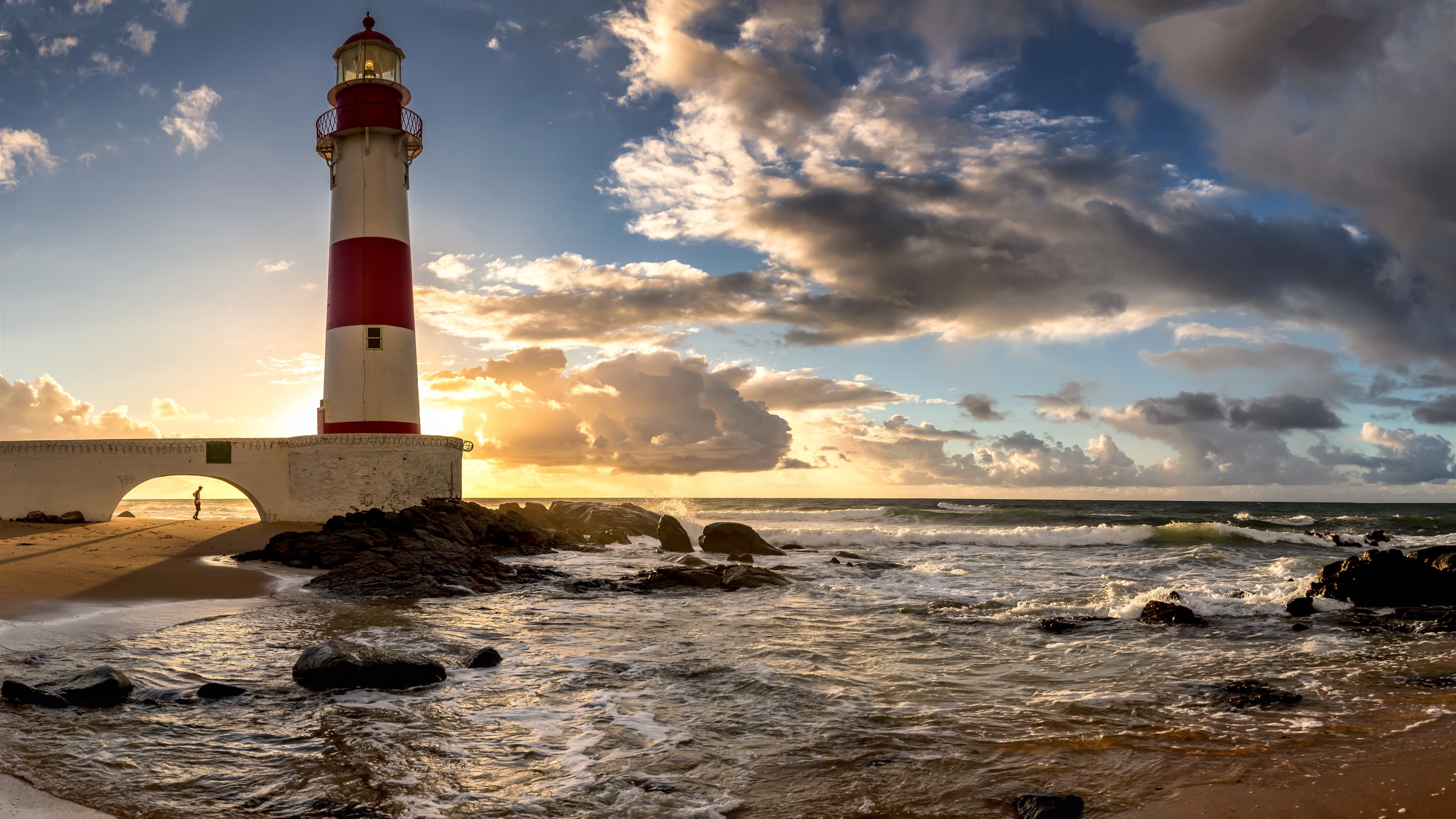Wallpaper Brazil, Salvador, lighthouse, sea, clouds, sunset