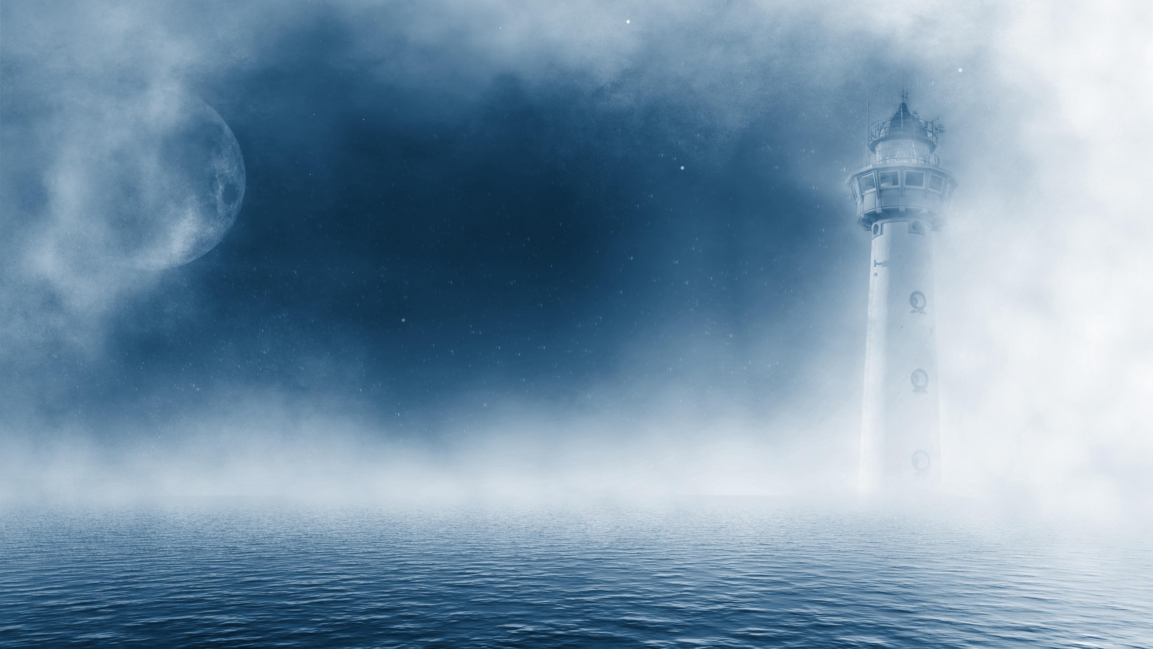 Download wallpaper 3840x2160 lighthouse, sea, fog, clouds 4k uhd 16