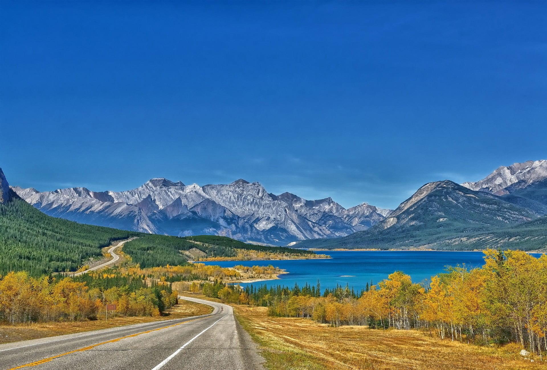 Gray mountains, landscape, Abraham Lake, Canada, road HD wallpaper