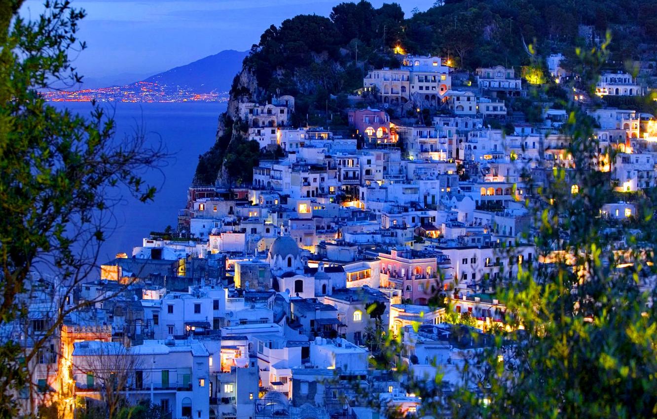 Wallpaper sea, lights, island, home, the evening, slope, Italy, capri image for desktop, section пейзажи