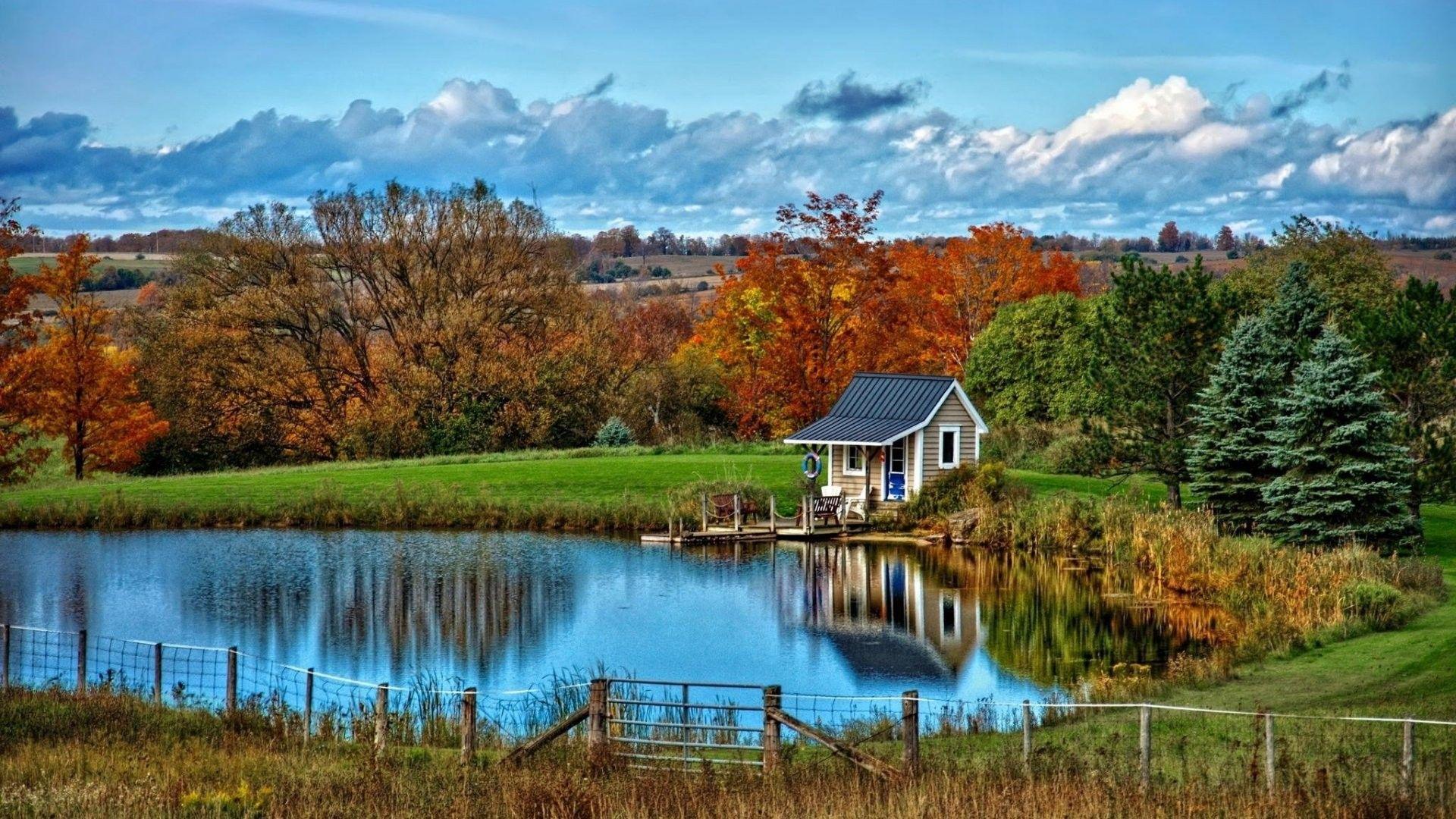 Fantastic Little Lake House Landscape Nature Autumn Clouds Trees
