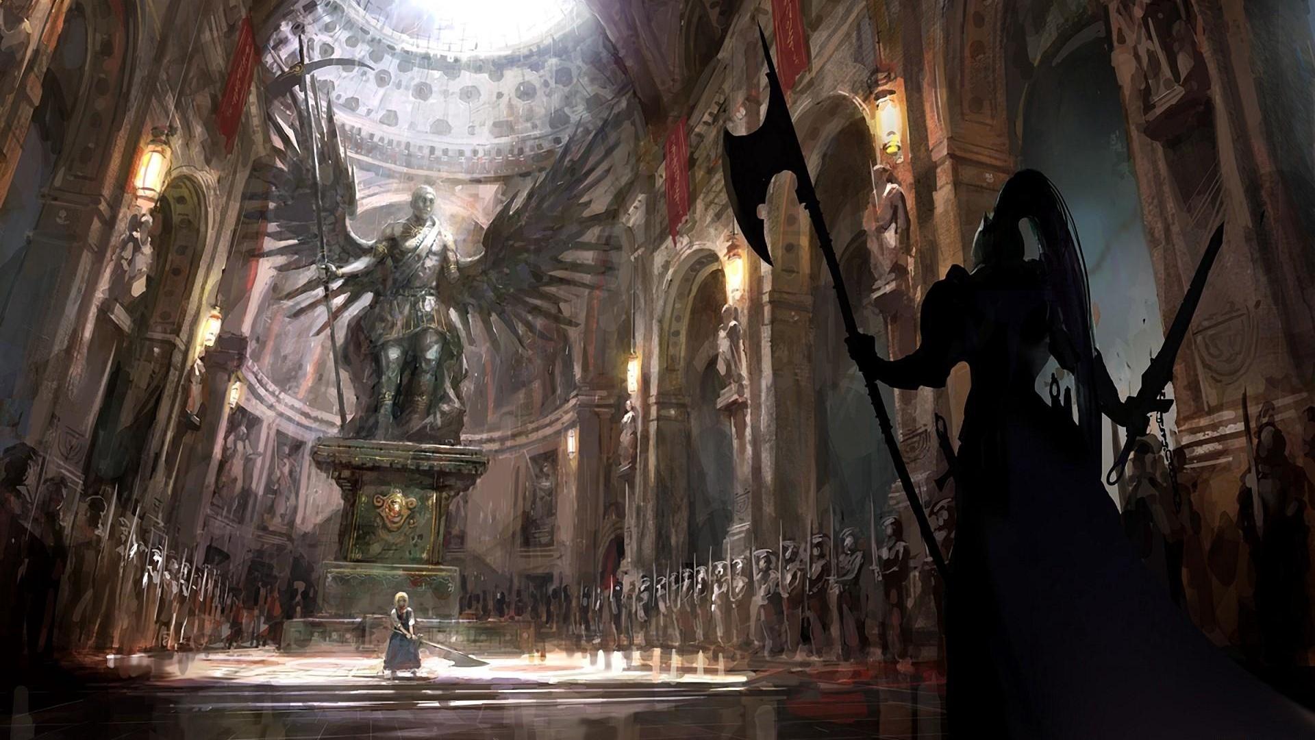 Download wallpaper 1920x1080 castle, hall, warriors, fight full HD