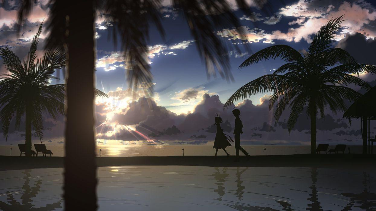 Anime girl cute sweet sunset palms wallpaperx2160