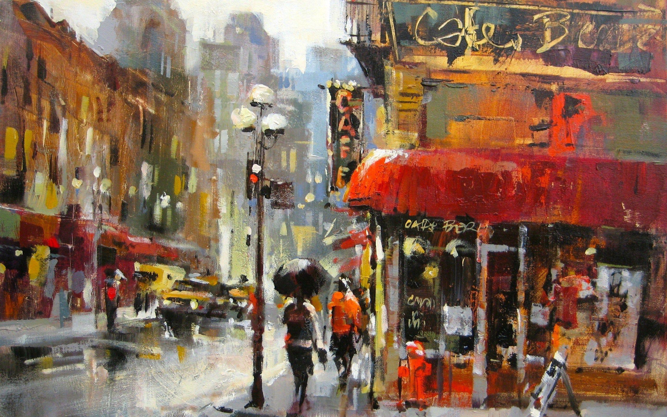 City Street Rainy Day Oil Painting HD Wallpaper. Cool Wallpaper