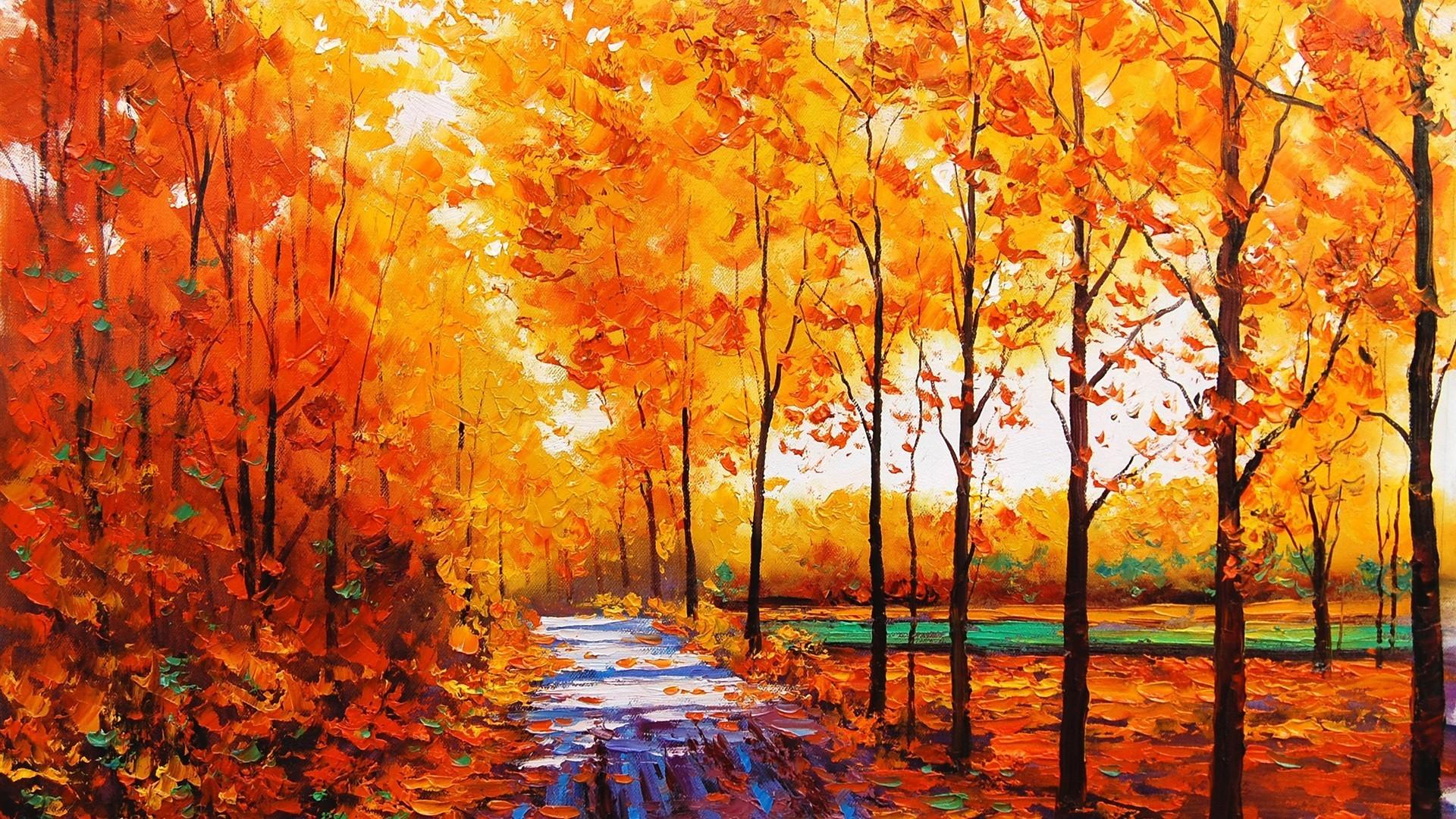 1920x1080 painting fall trees stream oil painting forest