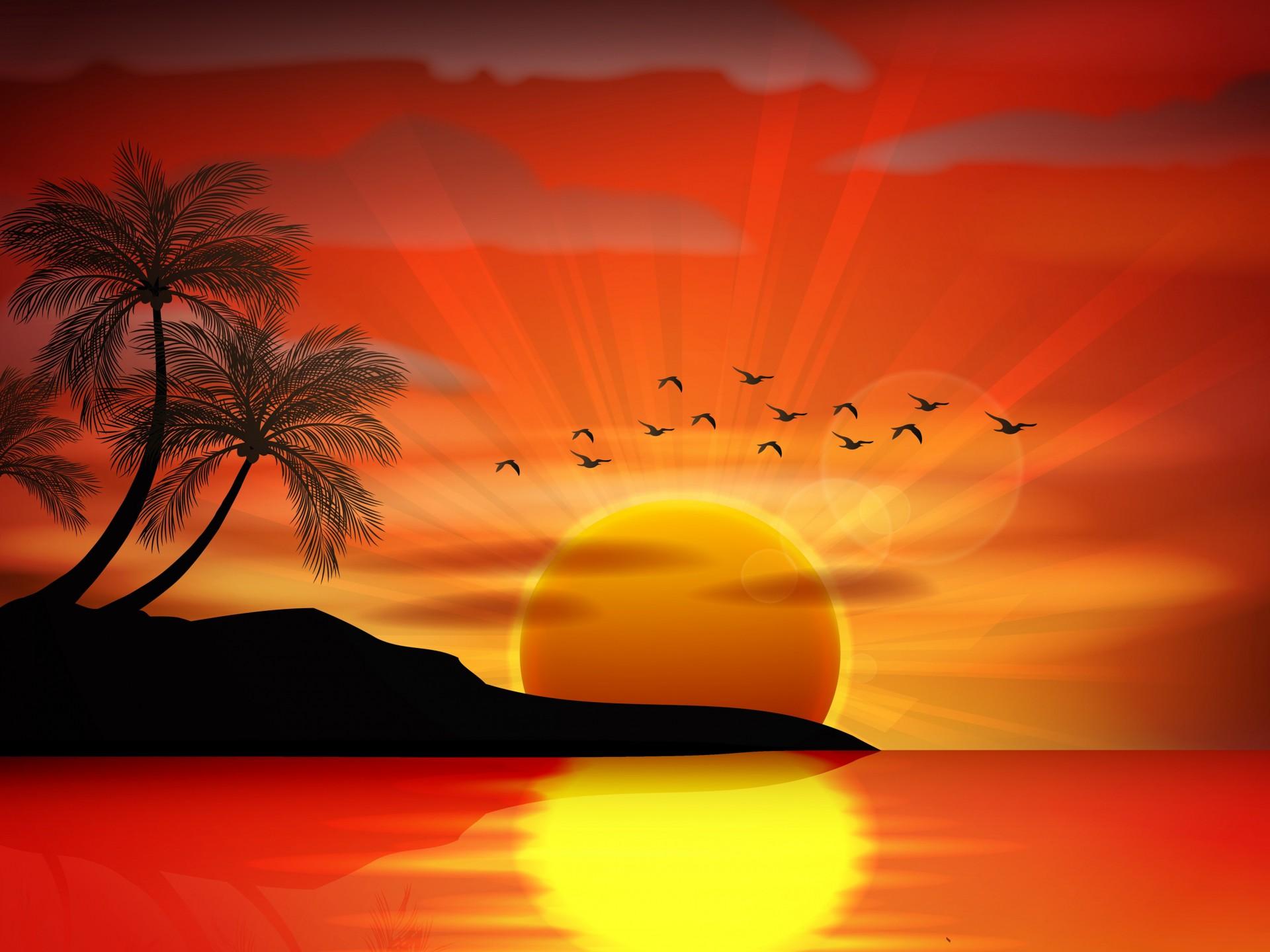 Sunset Sea Paradise Tropical Island Palms Silhouette Birds Sea