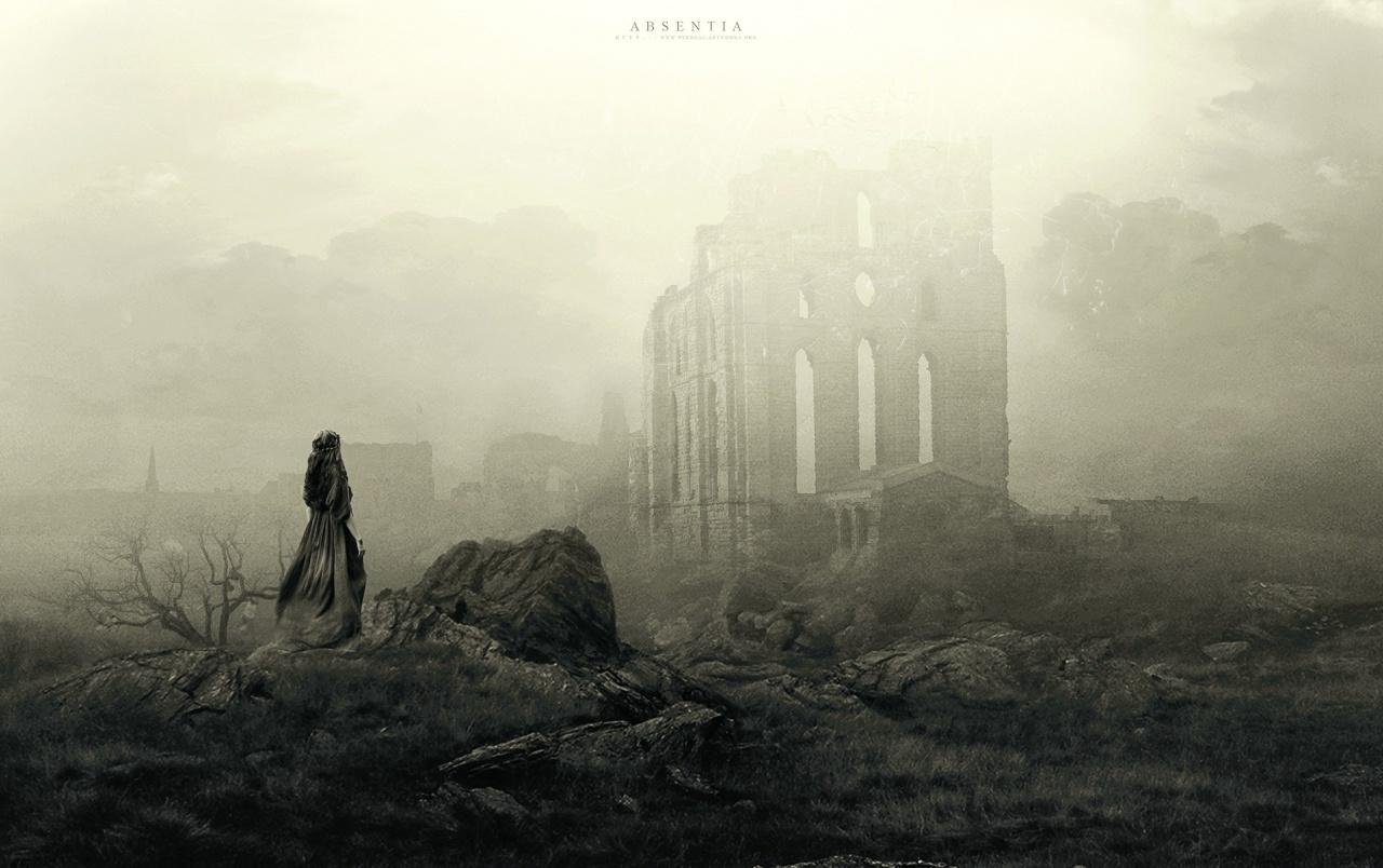Ruins Darkness Fog Scenic Girl wallpaper. Ruins Darkness Fog