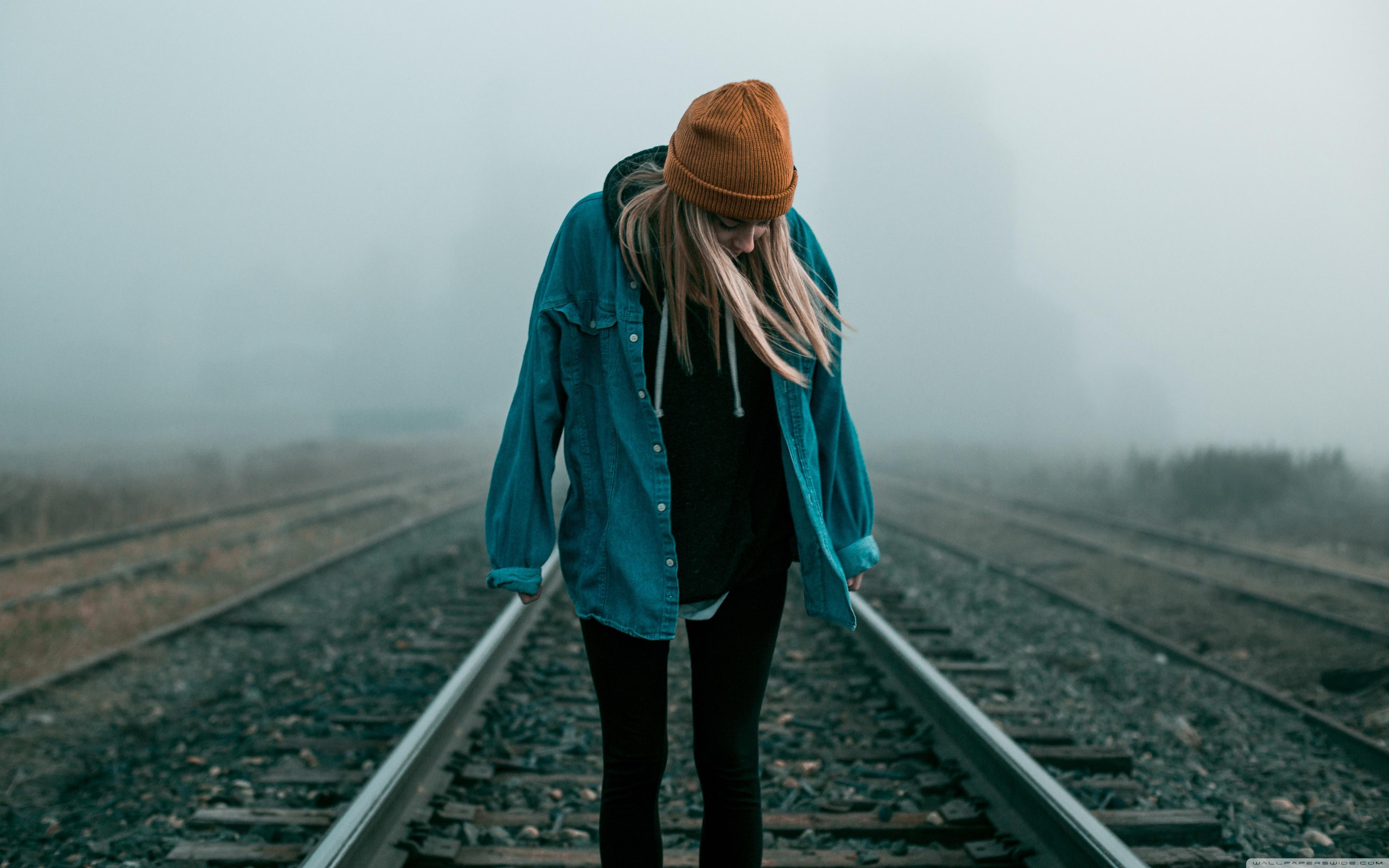 Blonde Girl, Yellow Hat, Railroad ❤ 4K HD Desktop Wallpaper for 4K