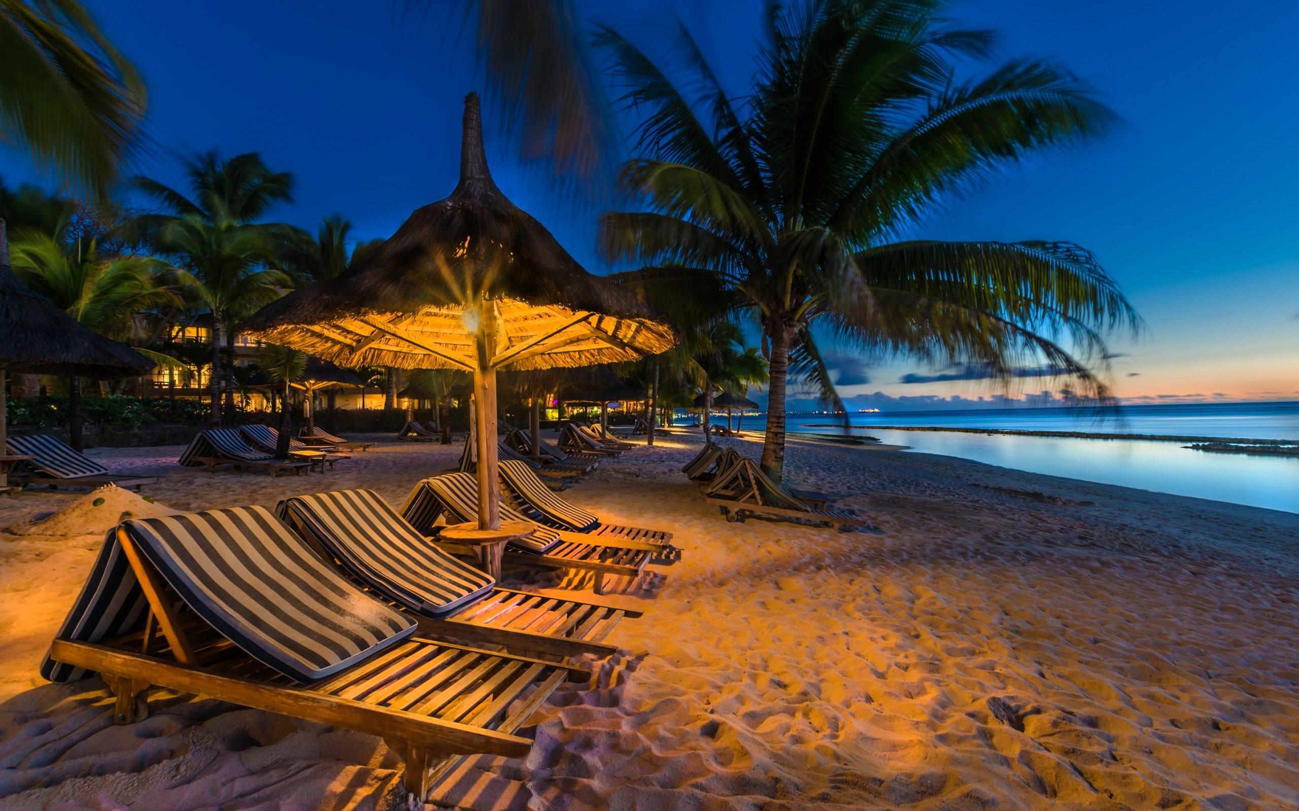 Download wallpaper tropical island, beach, evening, chaise lounges