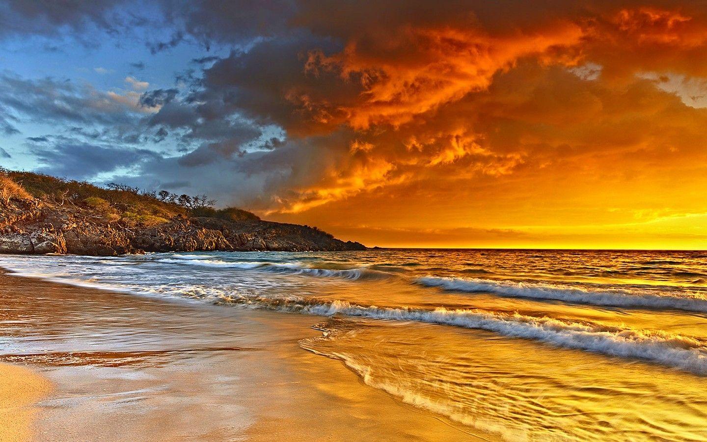 Beach Sunset Waves Desktop Wallpaper