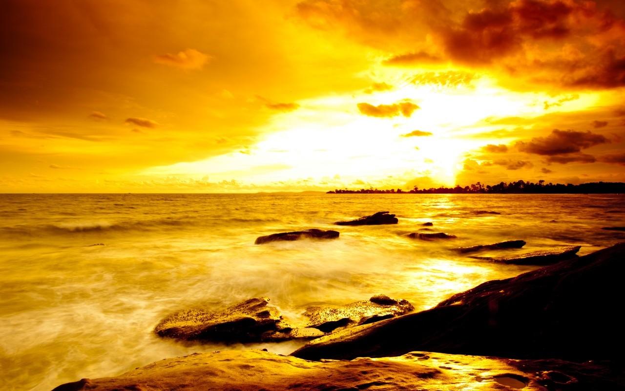 Beaches: Golden Beach Stones Sunrise Wave Nature Sun Yellow