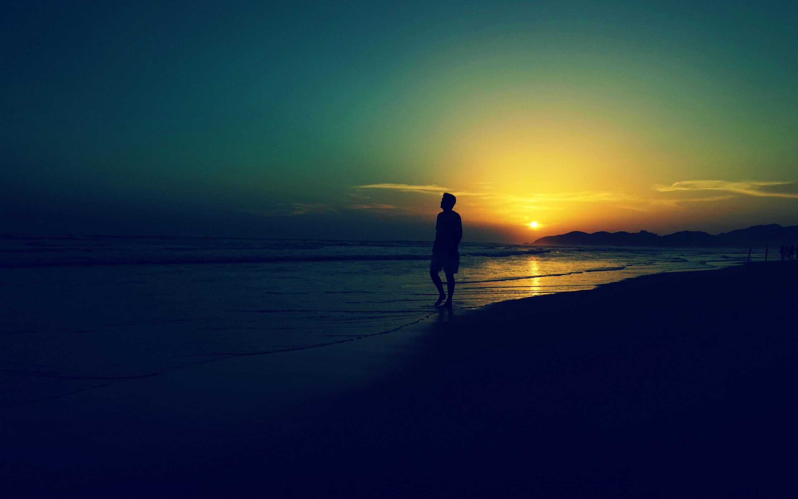 Sad Alone Man At Sunset Beach Waves Wallpaper