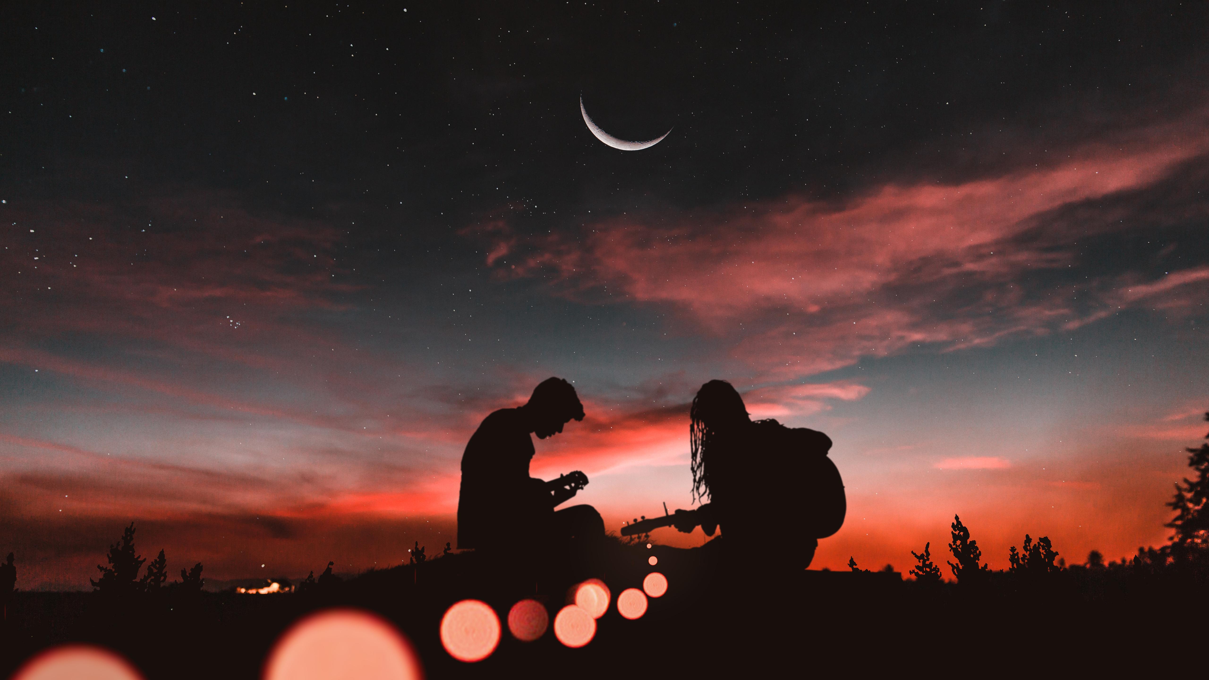 Wallpapers Couple, Playing guitar, Sunset, Half moon, Silhouette